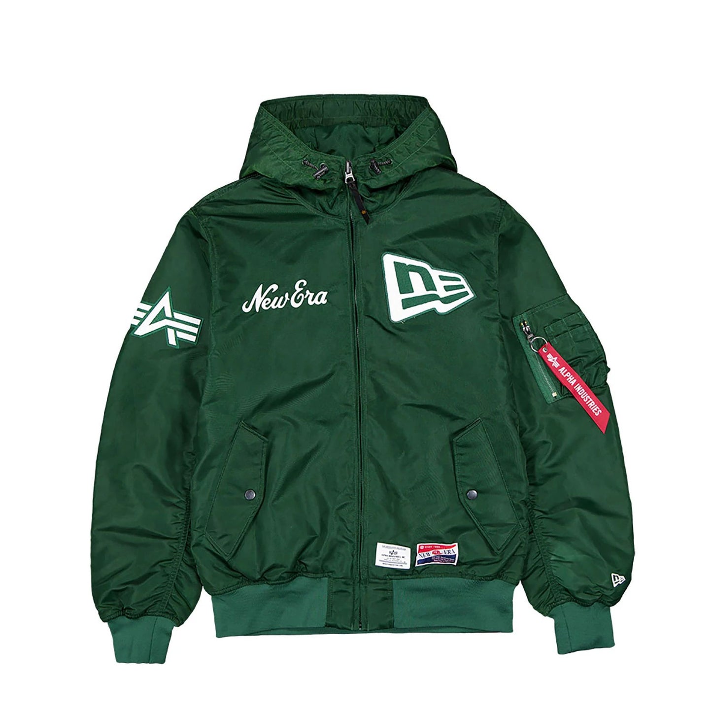 The Male model is wearing New Era x Alpha Industries Dark Green Hooded Bomber Jacket 1