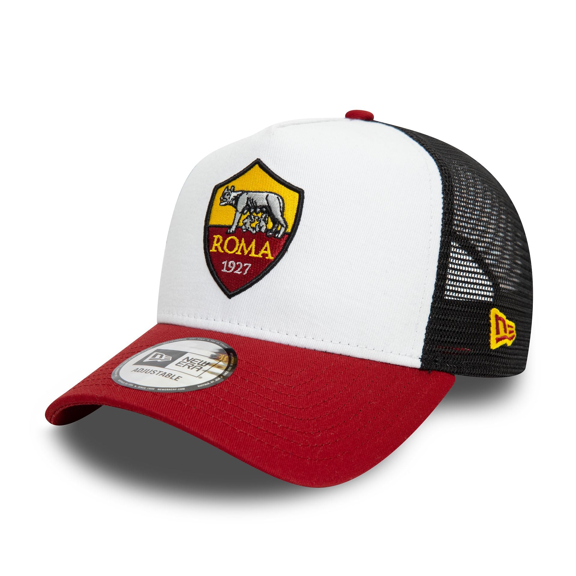 This is a AS Roma Core White 9FORTY E-Frame Adjustable Trucker Cap 1