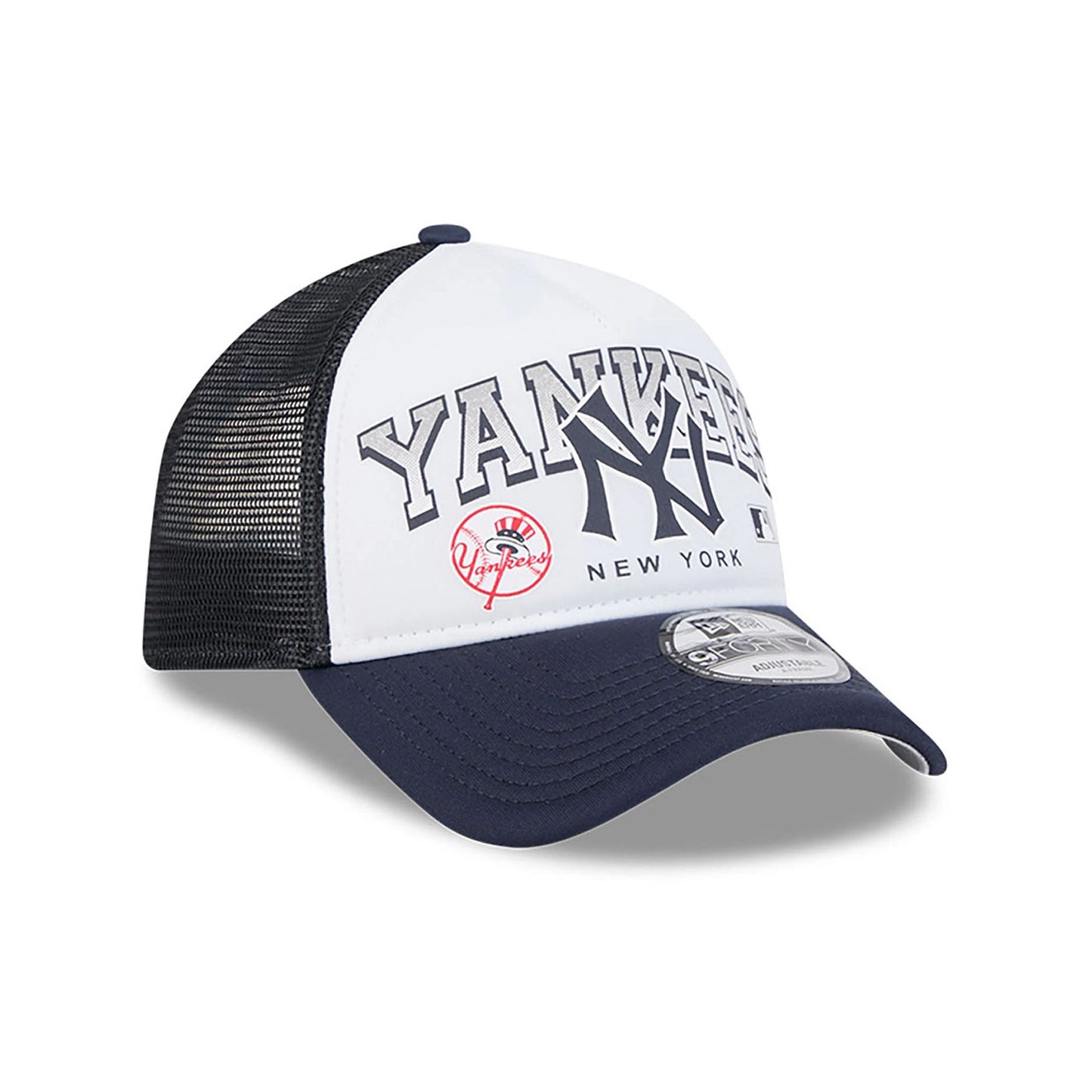 This is a New York Yankees Retro Wordmark Black 9FORTY A-Frame Trucker Adjustable Cap 4