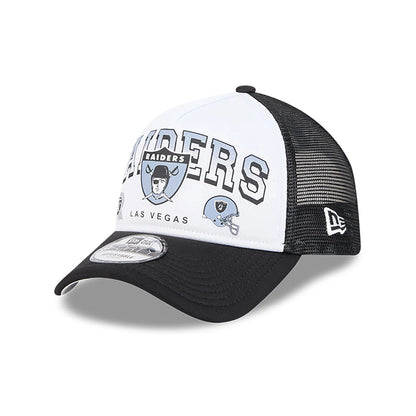 This is a Oakland Raiders Retro Wordmark Black 9FORTY A-Frame Trucker Adjustable Cap 1