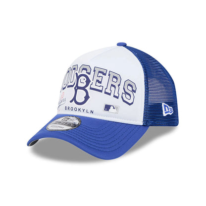 This is a LA Dodgers Retro Wordmark Blue 9FORTY A-Frame Trucker Adjustable Cap 1