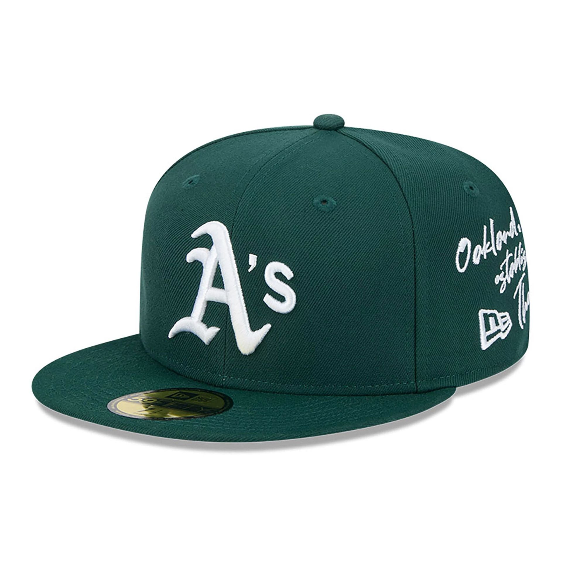 This is a Oakland Athletics Team Verbiage Dark Green 59FIFTY Fitted Cap 1