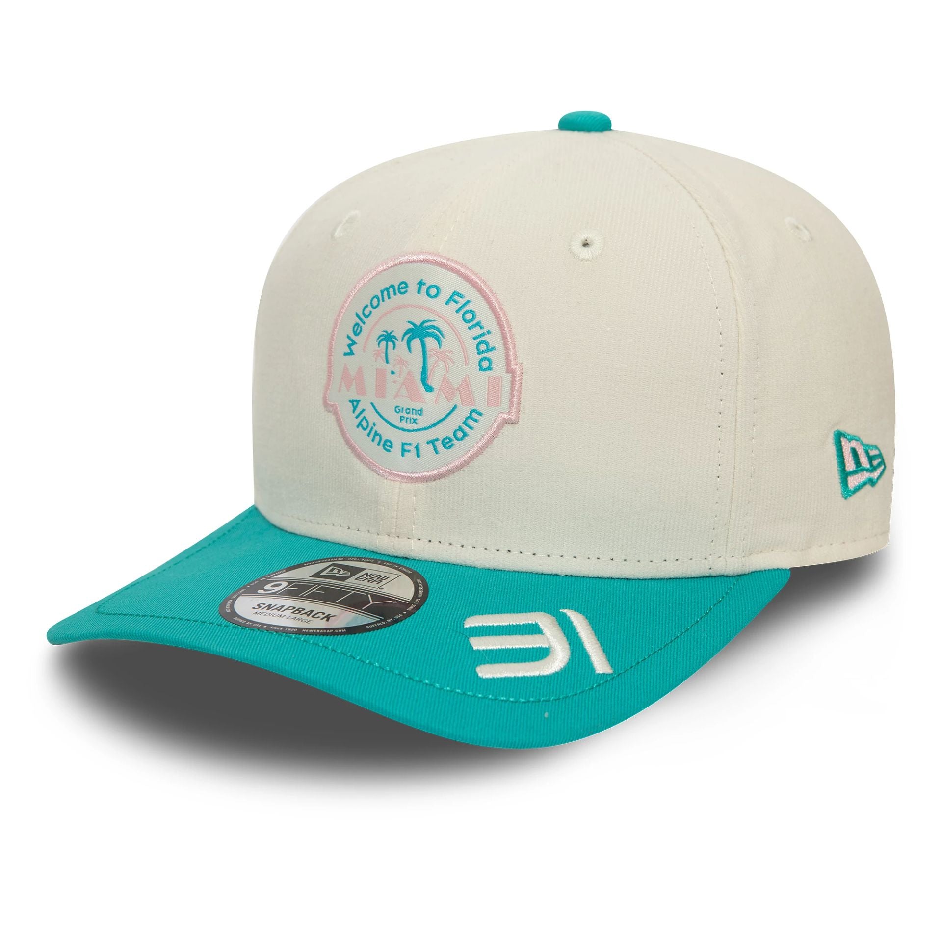 This is a Alpine Racing Esteban Ocon Miami Race Special White 9FIFTY Original Fit Snapback Cap 3