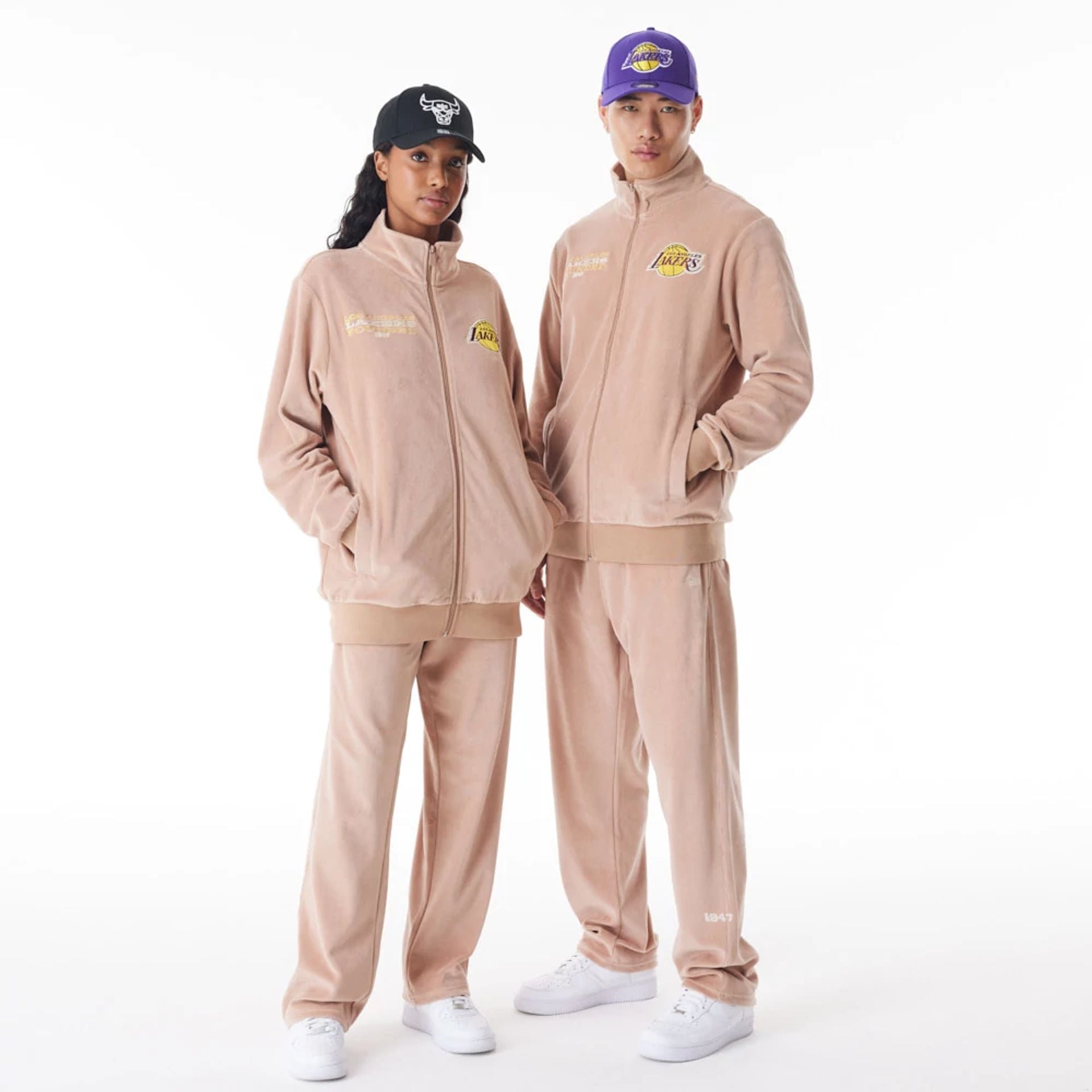 The Male model is wearing LA Lakers NBA Lifestyle Velour Beige Track Jacket  1