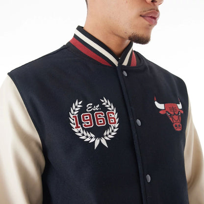 The Male model is wearing Chicago Bulls NBA Lifestyle Black Varsity Jacket  7