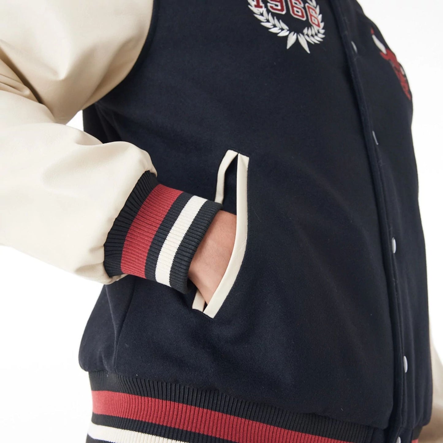 The Male model is wearing Chicago Bulls NBA Lifestyle Black Varsity Jacket  4