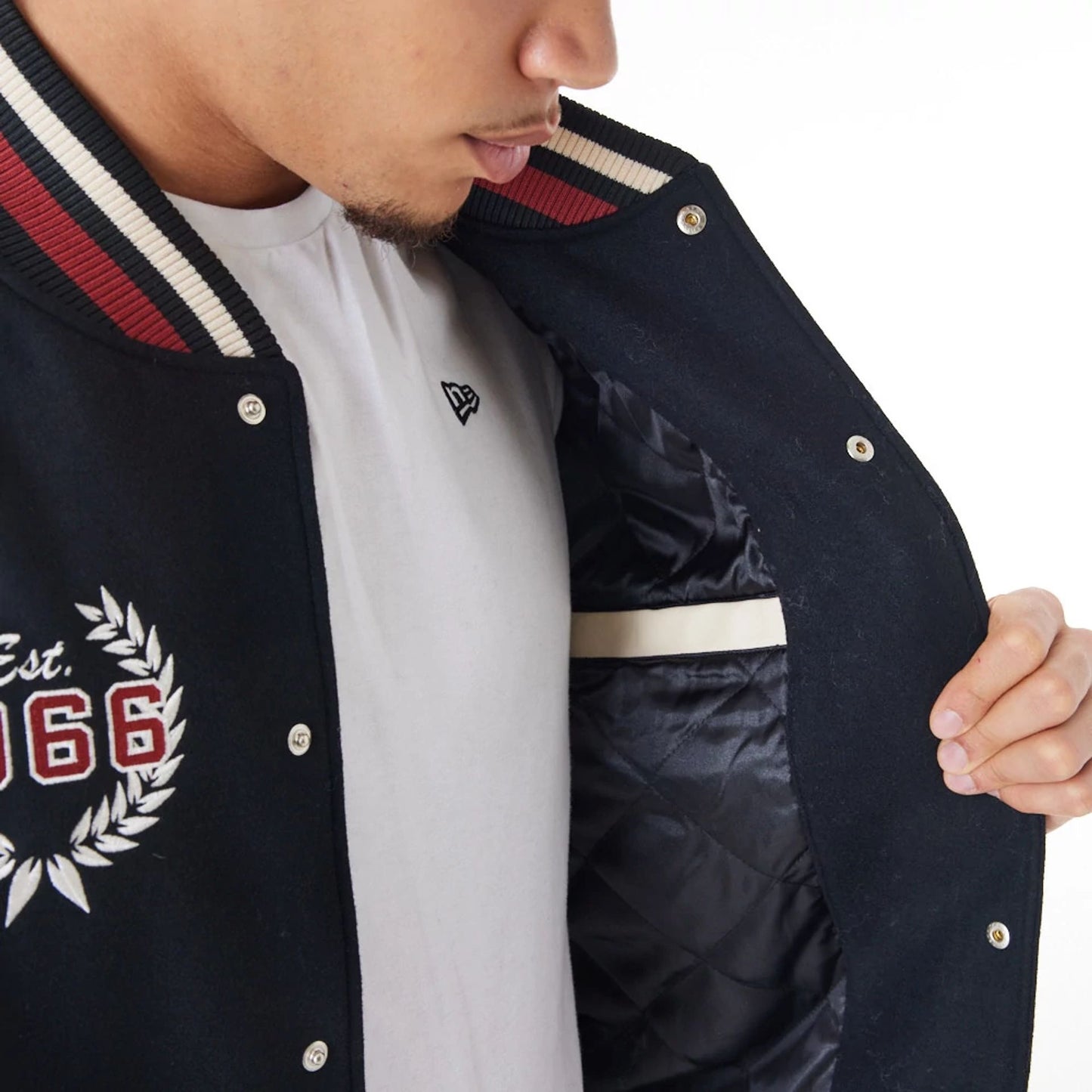 The Male model is wearing Chicago Bulls NBA Lifestyle Black Varsity Jacket  10