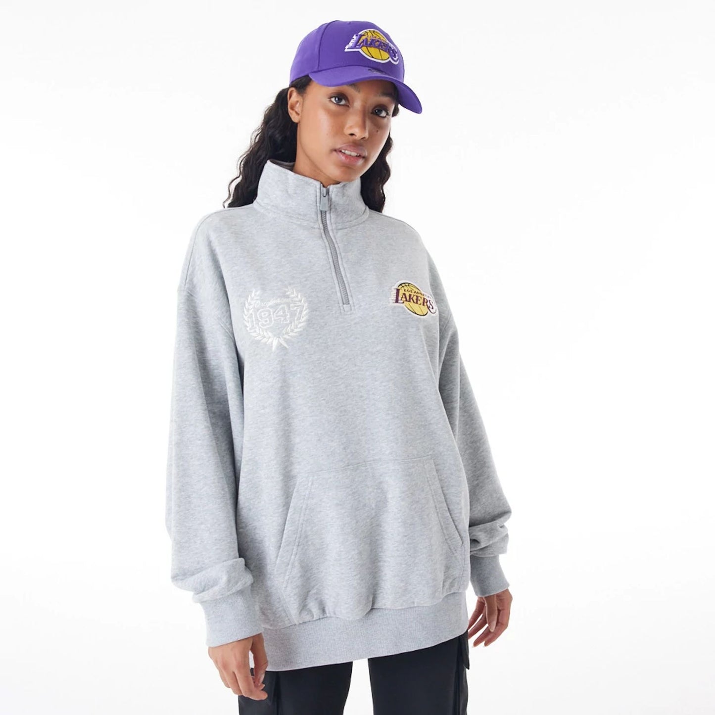 The Male model is wearing LA Lakers NBA Lifestyle Grey Quarter Zip Sweater  5