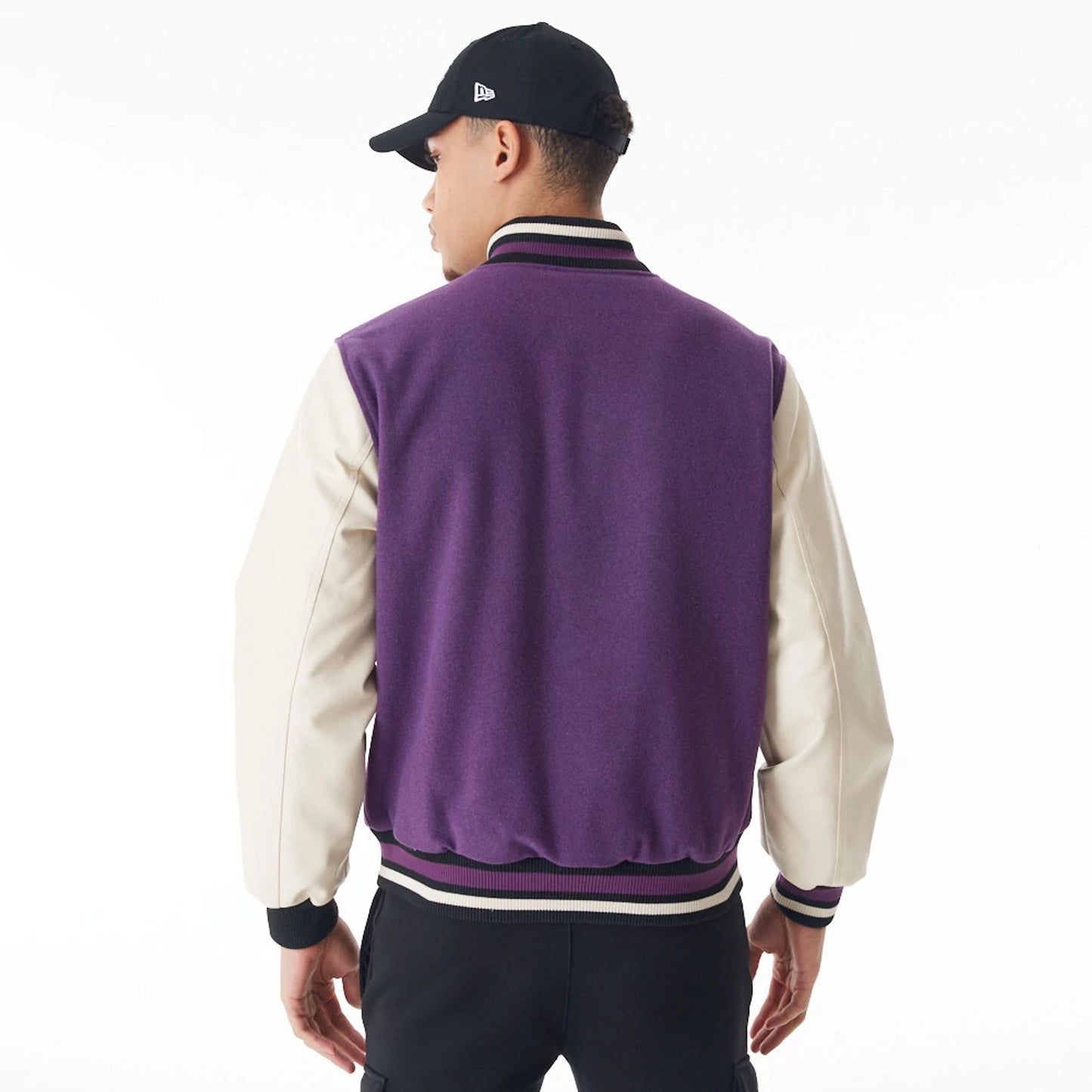 The Male model is wearing LA Lakers NBA Lifestyle Dark Purple Varsity Jacket  4