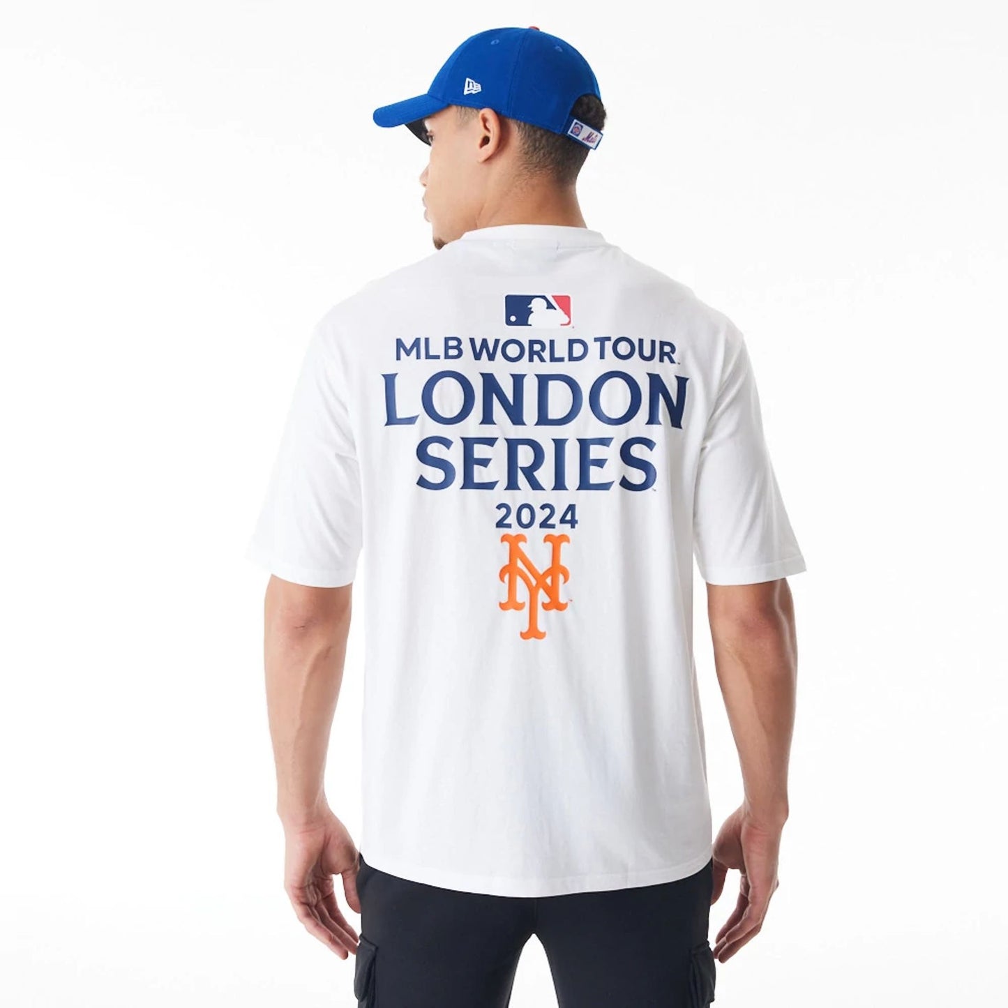 The Male model is wearing New York Mets MLB London Series 2024 City White Oversized T-Shirt 6