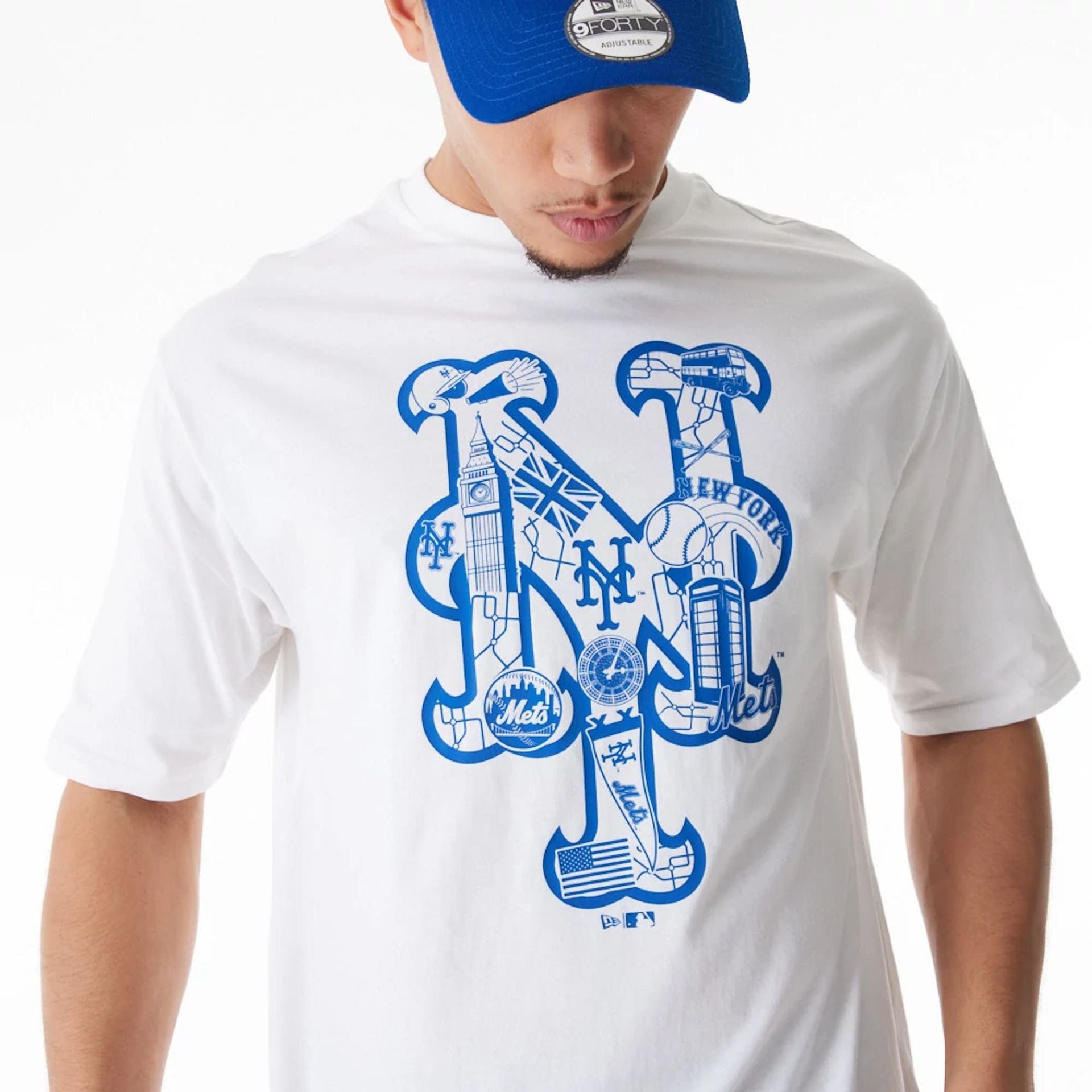 The Male model is wearing New York Mets MLB London Series 2024 City White Oversized T-Shirt 3