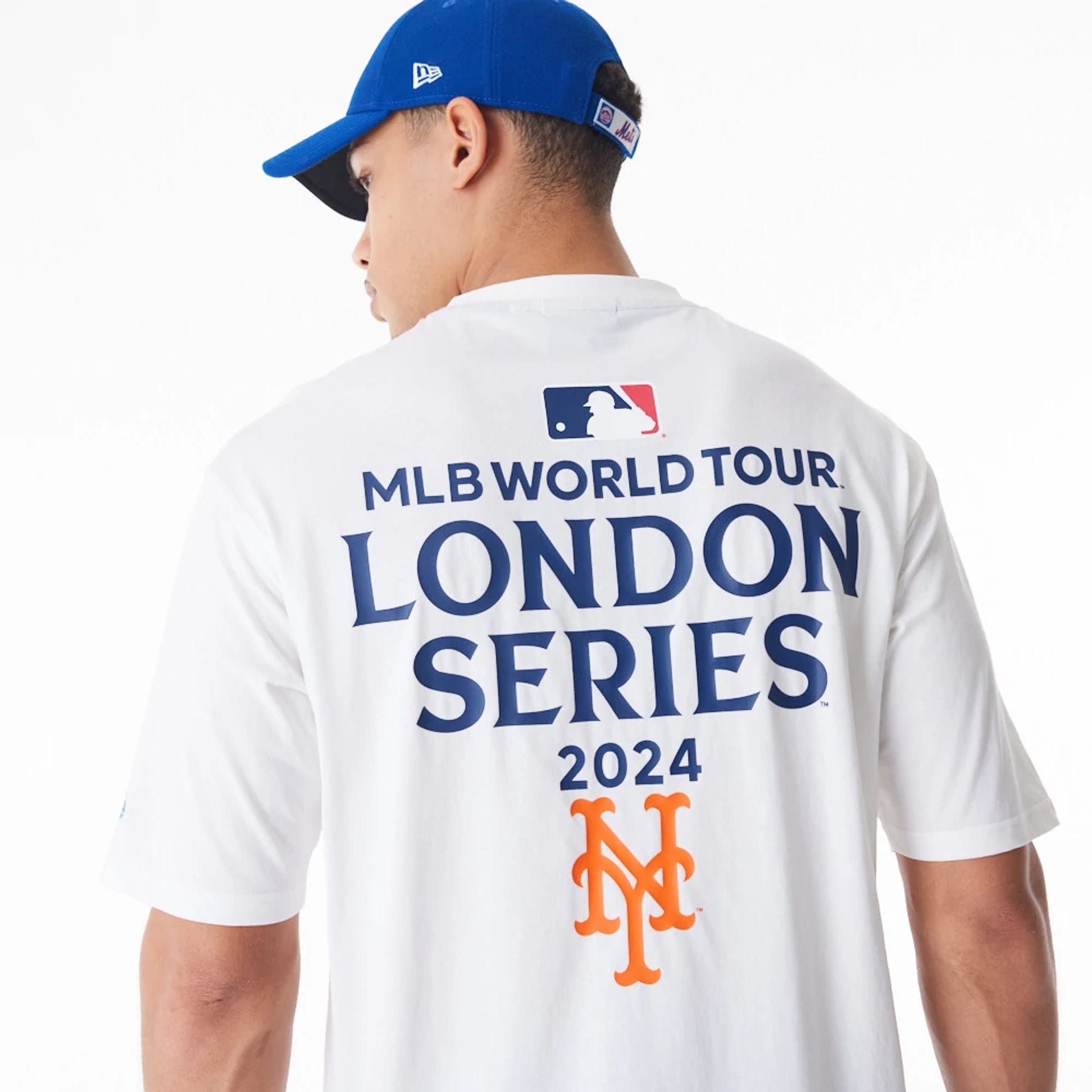 The Male model is wearing New York Mets MLB London Series 2024 City White Oversized T-Shirt 4