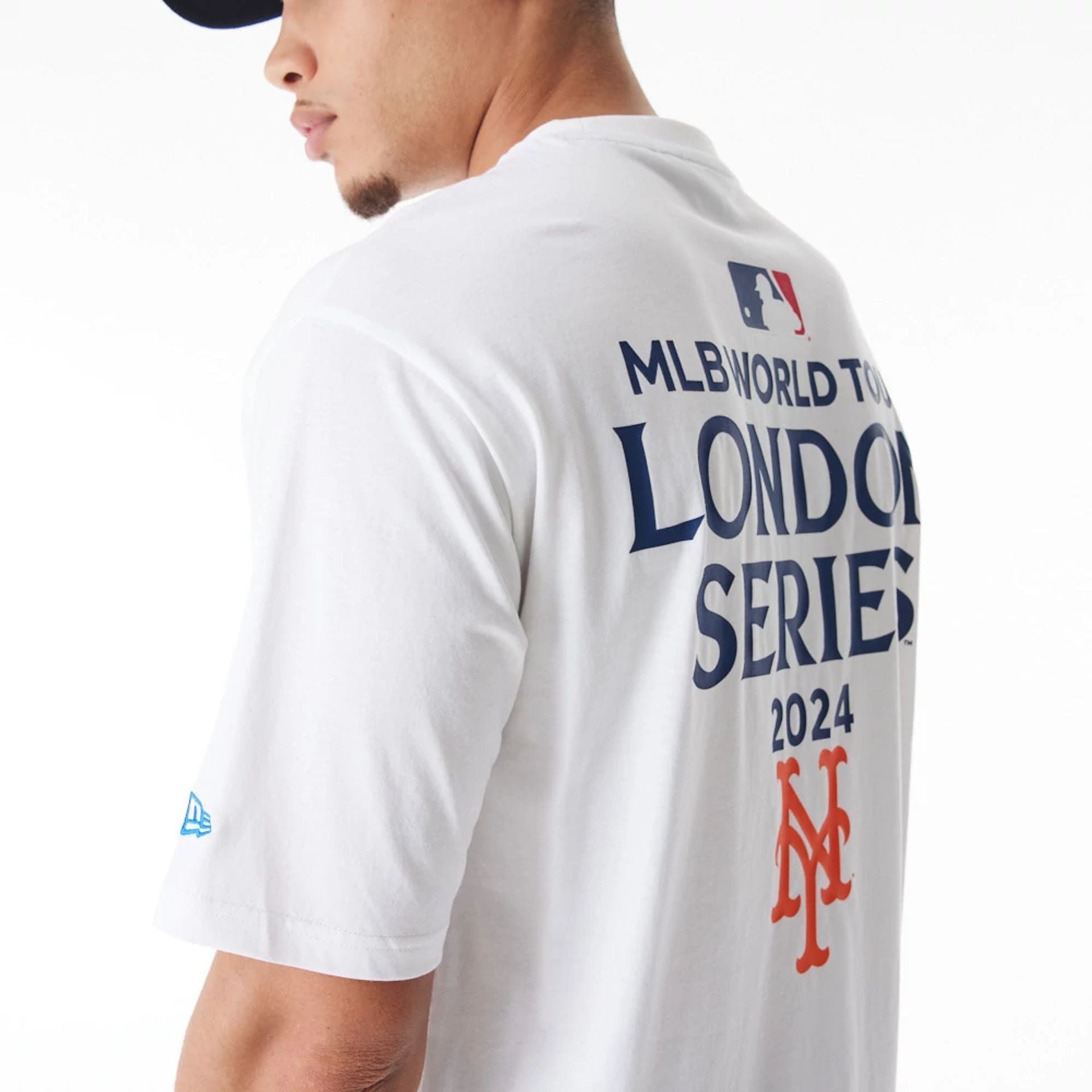 The Male model is wearing New York Mets MLB London Series 2024 City White Oversized T-Shirt 2