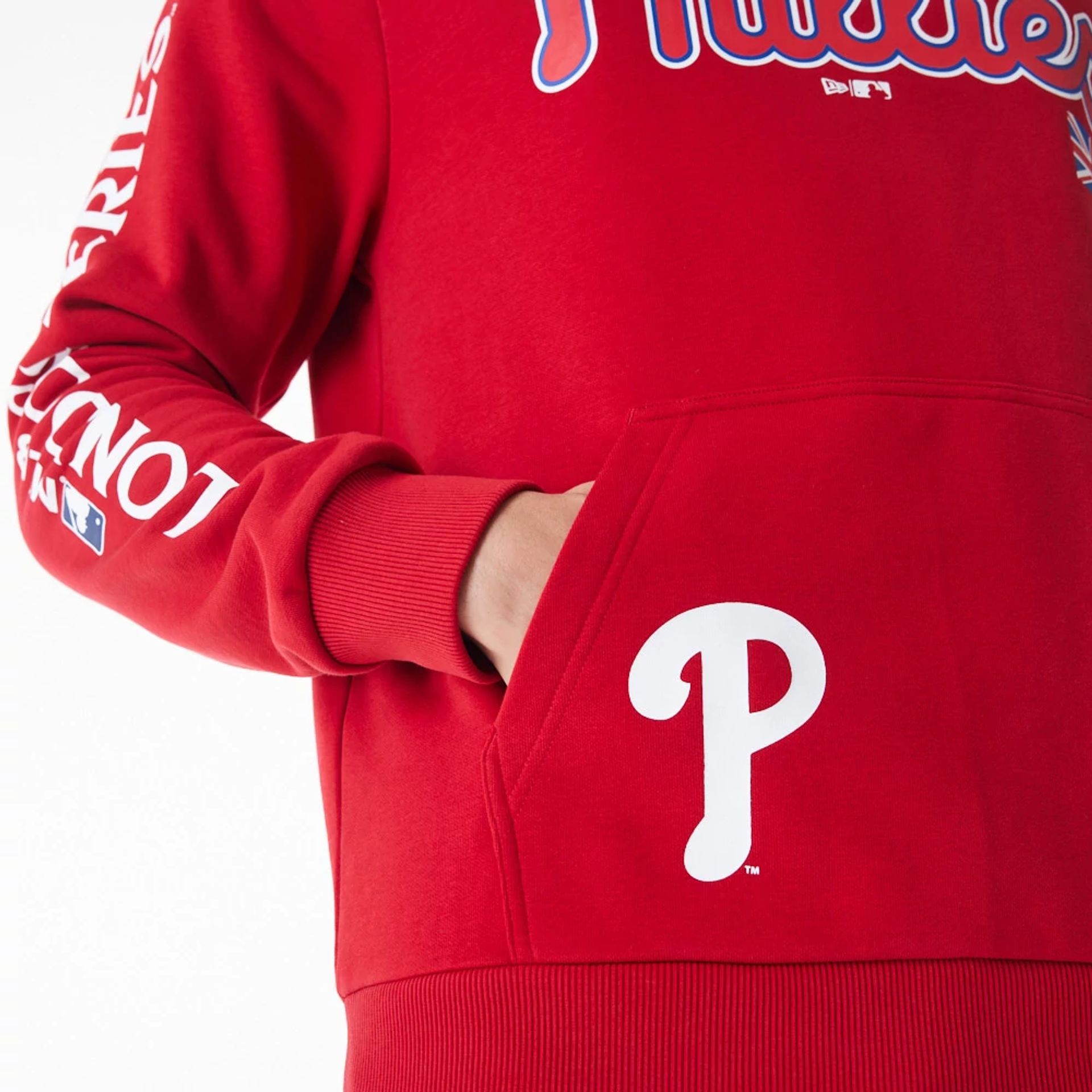 The Male model is wearing Philadelphia Phillies MLB London Series 2024 Red Pullover Hoodie 2