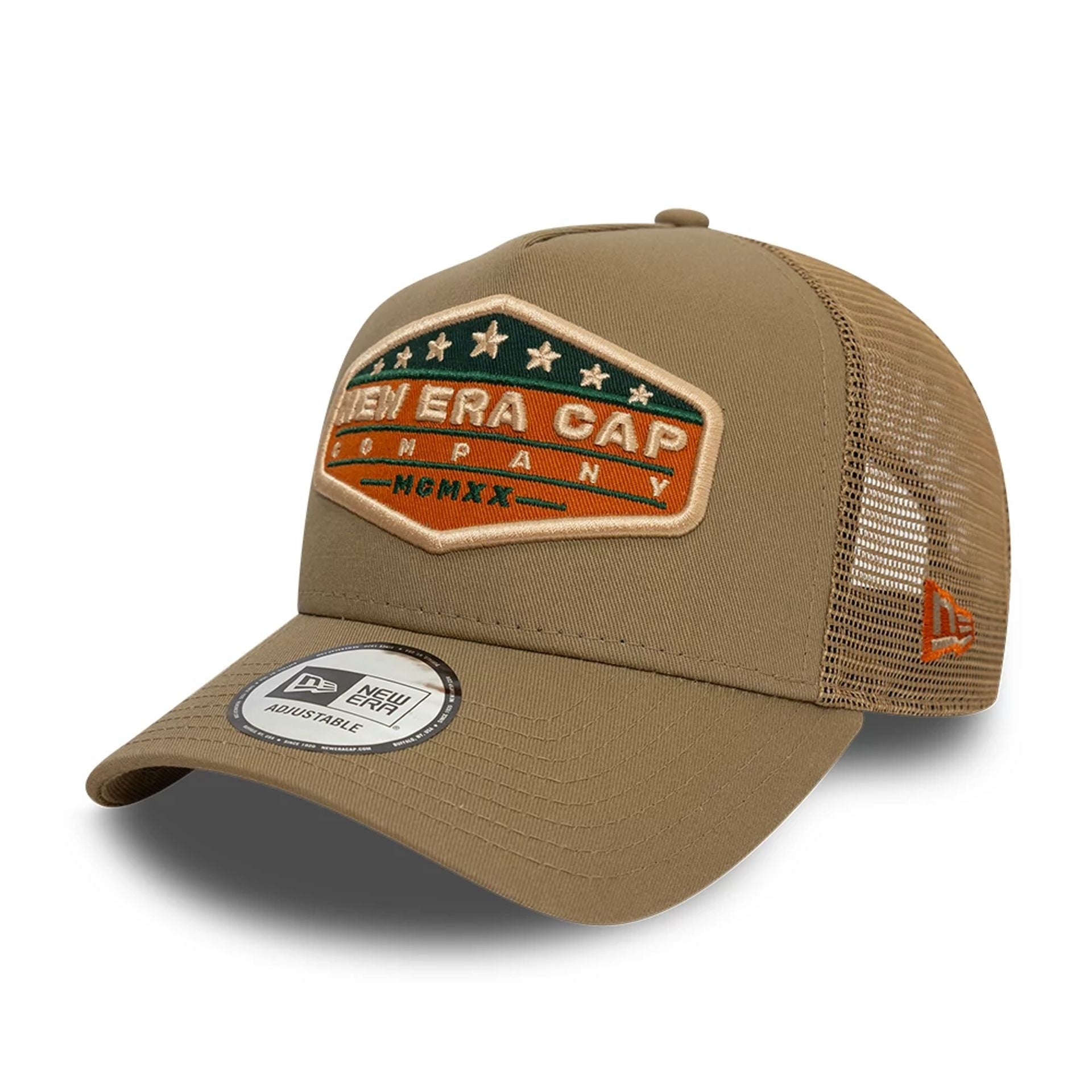 This is a New Era Patch Beige 9FORTY A-Frame Trucker Adjustable Cap 1