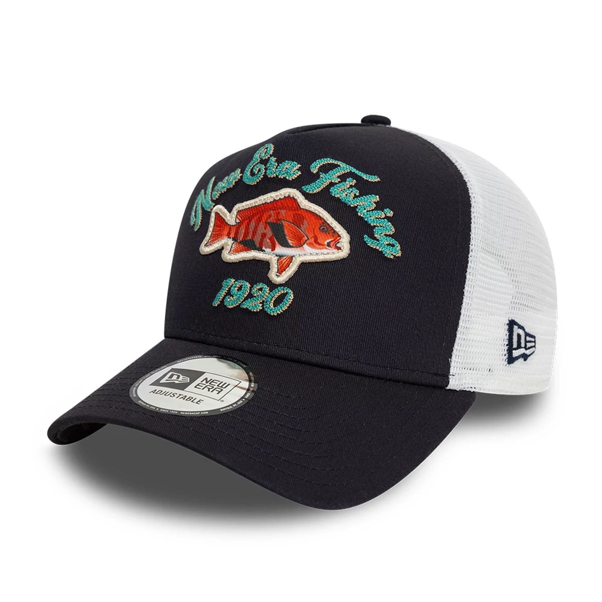 This is a New Era Fishing Red Snapper White 9FORTY A-Frame Trucker Adjustable Cap 1