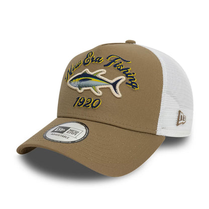 This is a New Era Fishing Tuna Beige 9FORTY A-Frame Trucker Adjustable Cap 1