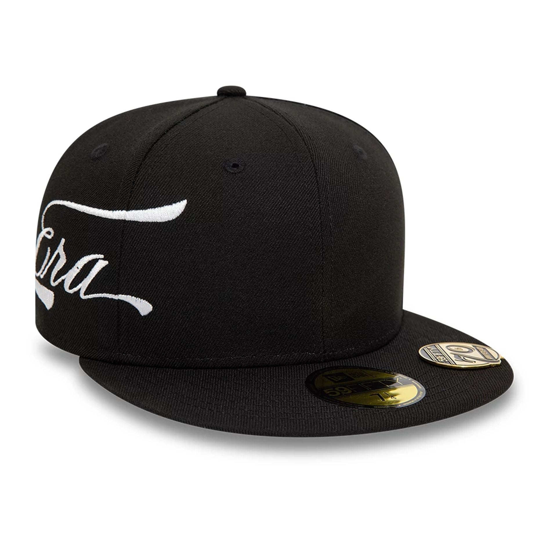 This is a New Era Side Script Black 59FIFTY Fitted Cap 1