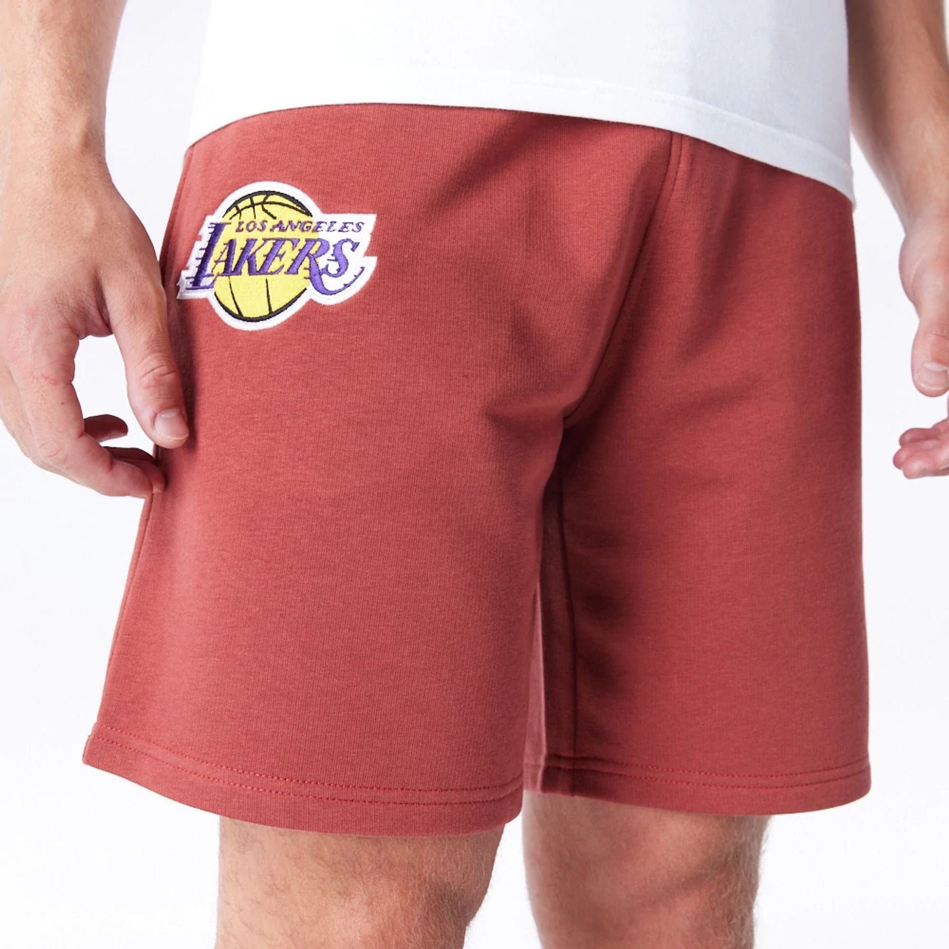 The Male model is wearing LA Lakers League Essential Brown Shorts  1