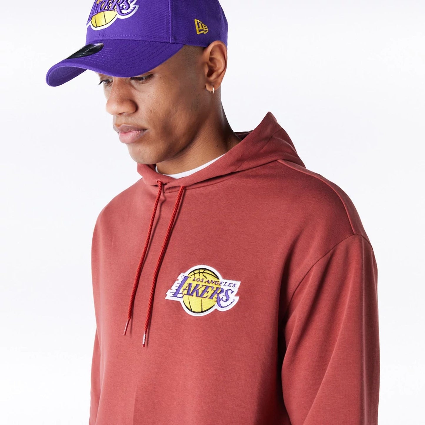 The Male model is wearing LA Lakers League Essential Brown Oversized Pullover Hoodie  6