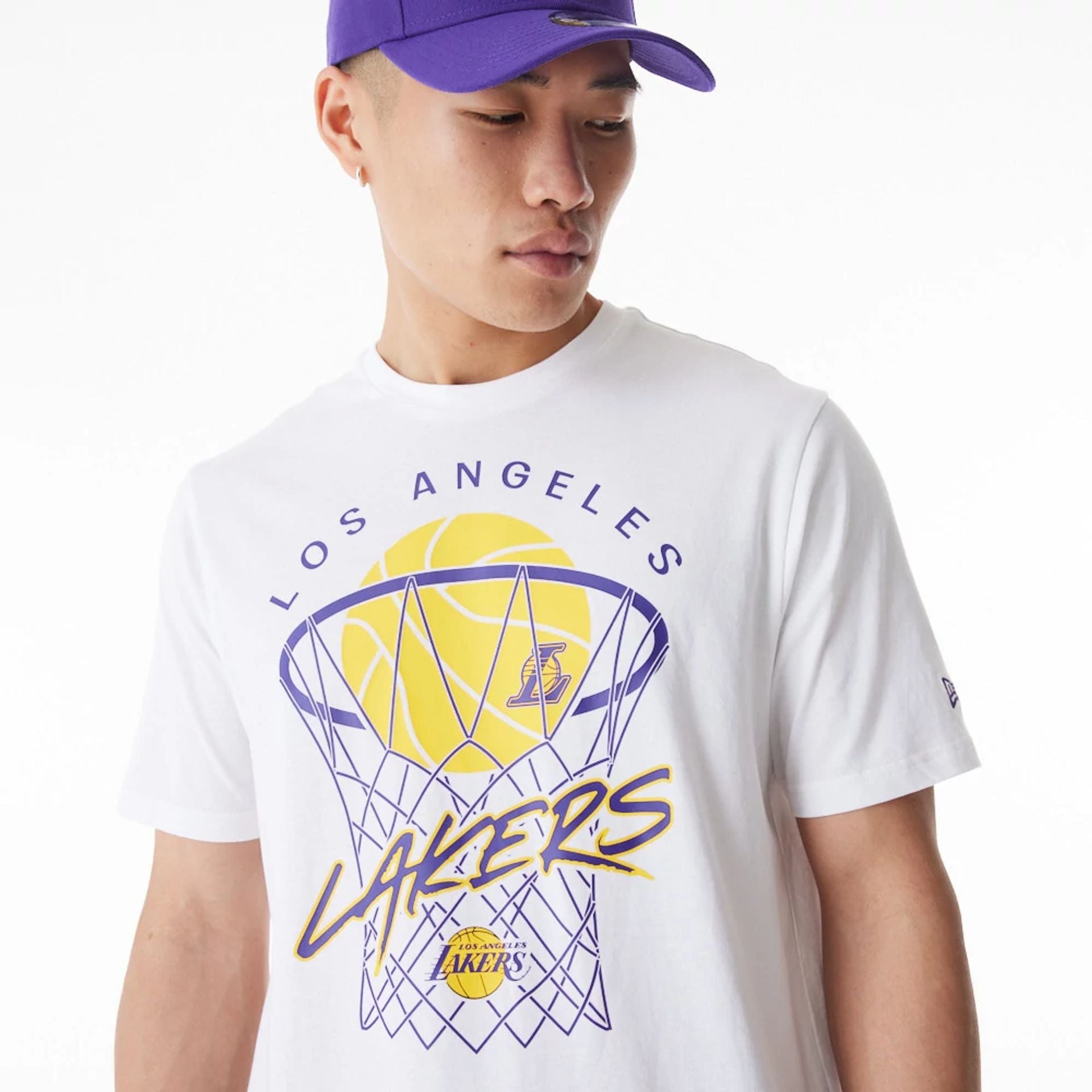 The Male model is wearing LA Lakers NBA Net Graphic White T-Shirt 4