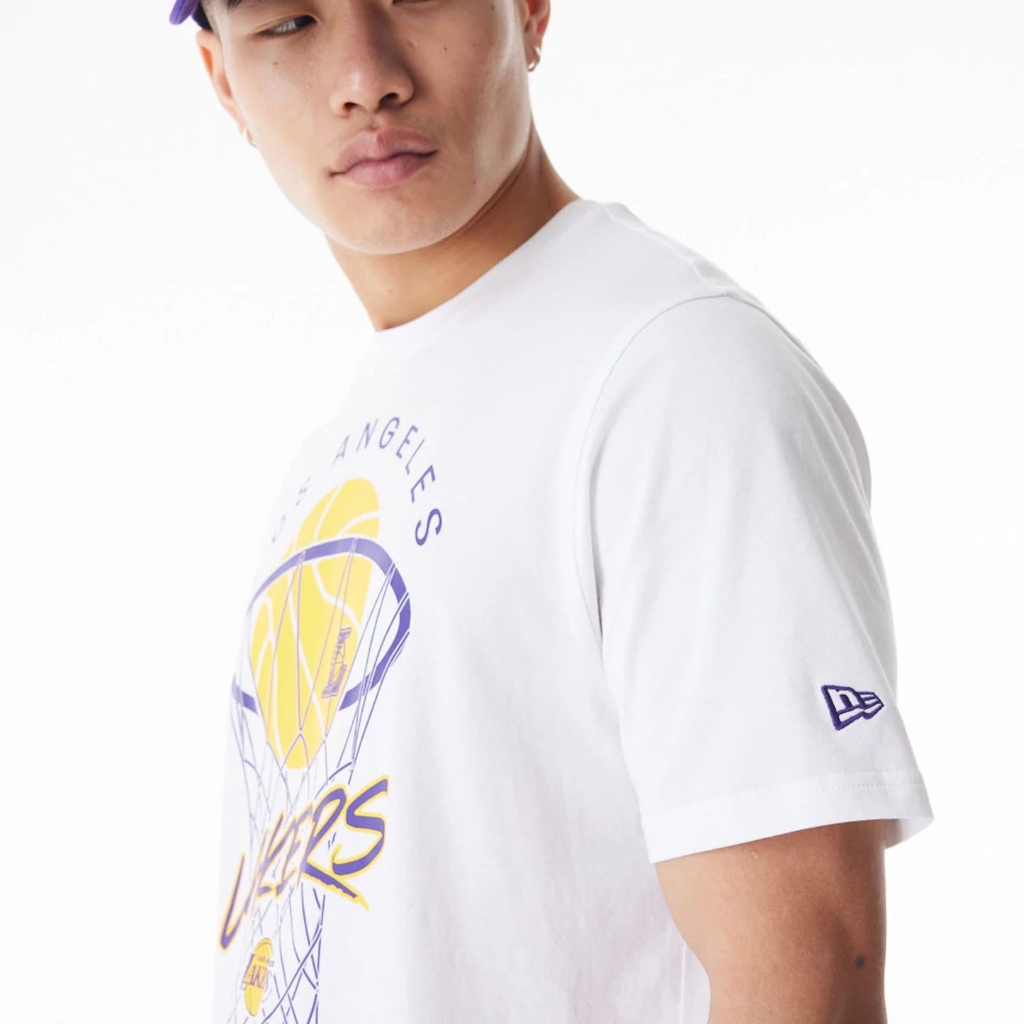 The Male model is wearing LA Lakers NBA Net Graphic White T-Shirt 5