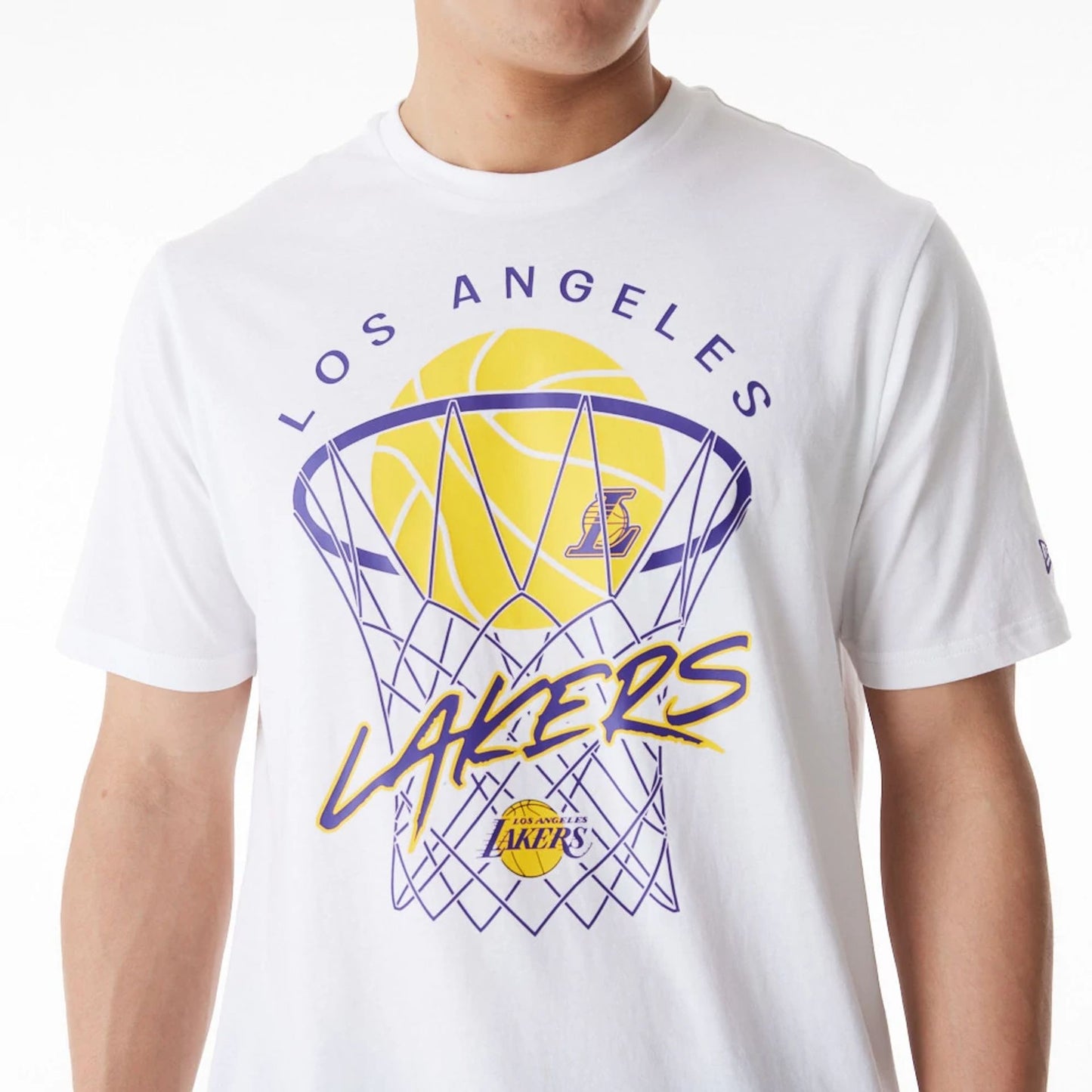 The Male model is wearing LA Lakers NBA Net Graphic White T-Shirt 2