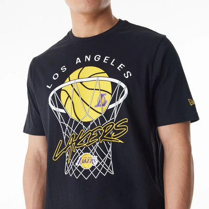 The Male model is wearing LA Lakers NBA Net Graphic Black T-Shirt 6