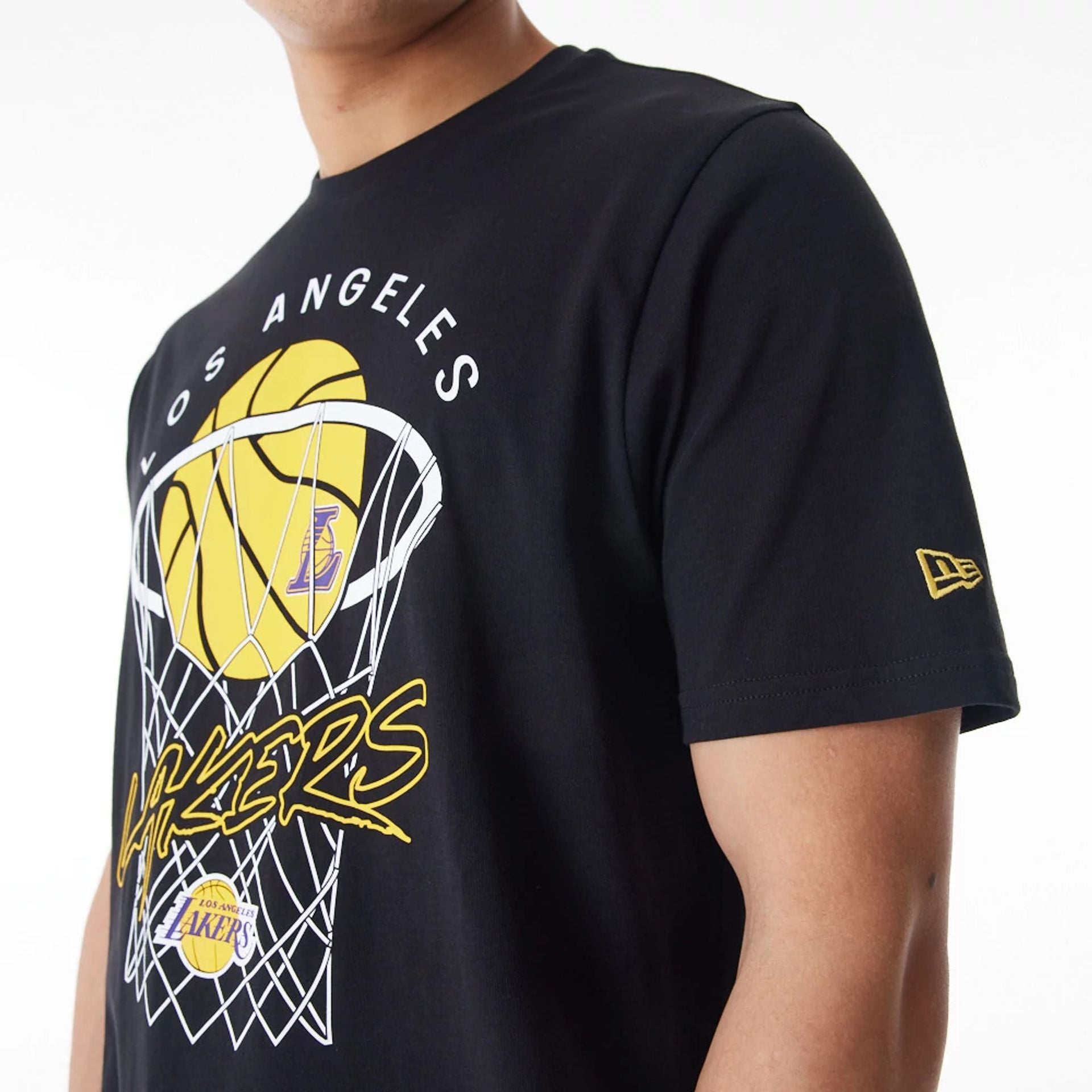 The Male model is wearing LA Lakers NBA Net Graphic Black T-Shirt 3