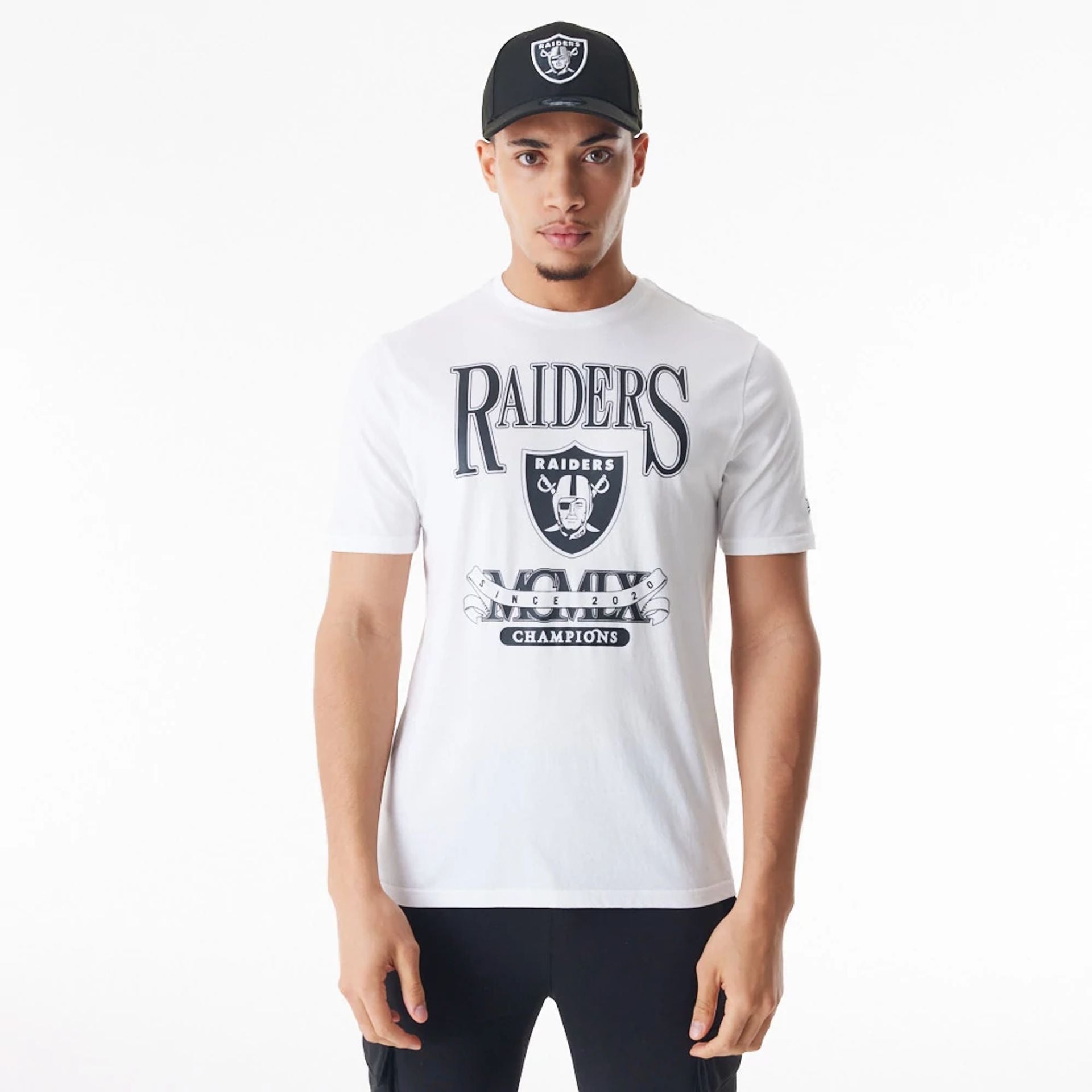 The Male model is wearing Las Vegas Raiders NFL Champions Graphic White T-Shirt 1