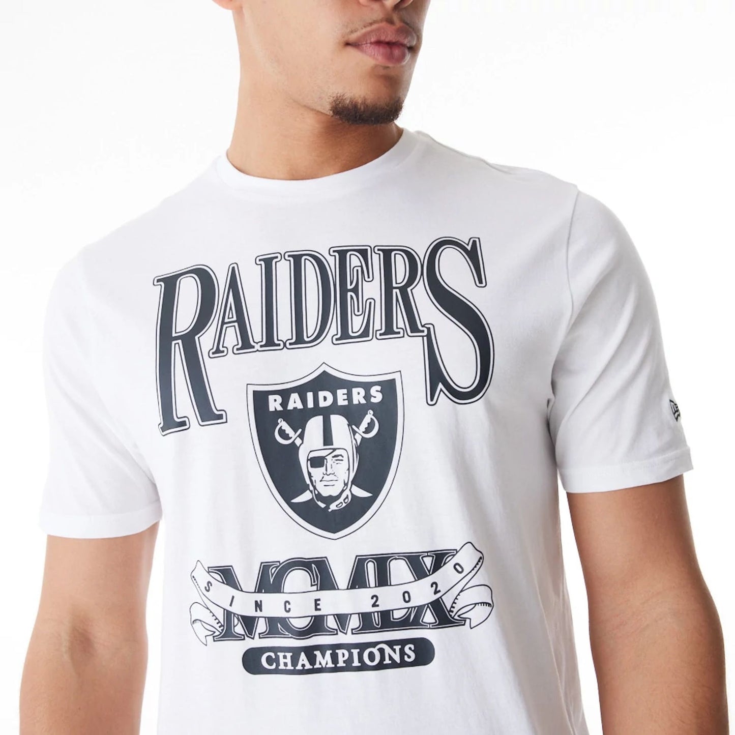 The Male model is wearing Las Vegas Raiders NFL Champions Graphic White T-Shirt 4