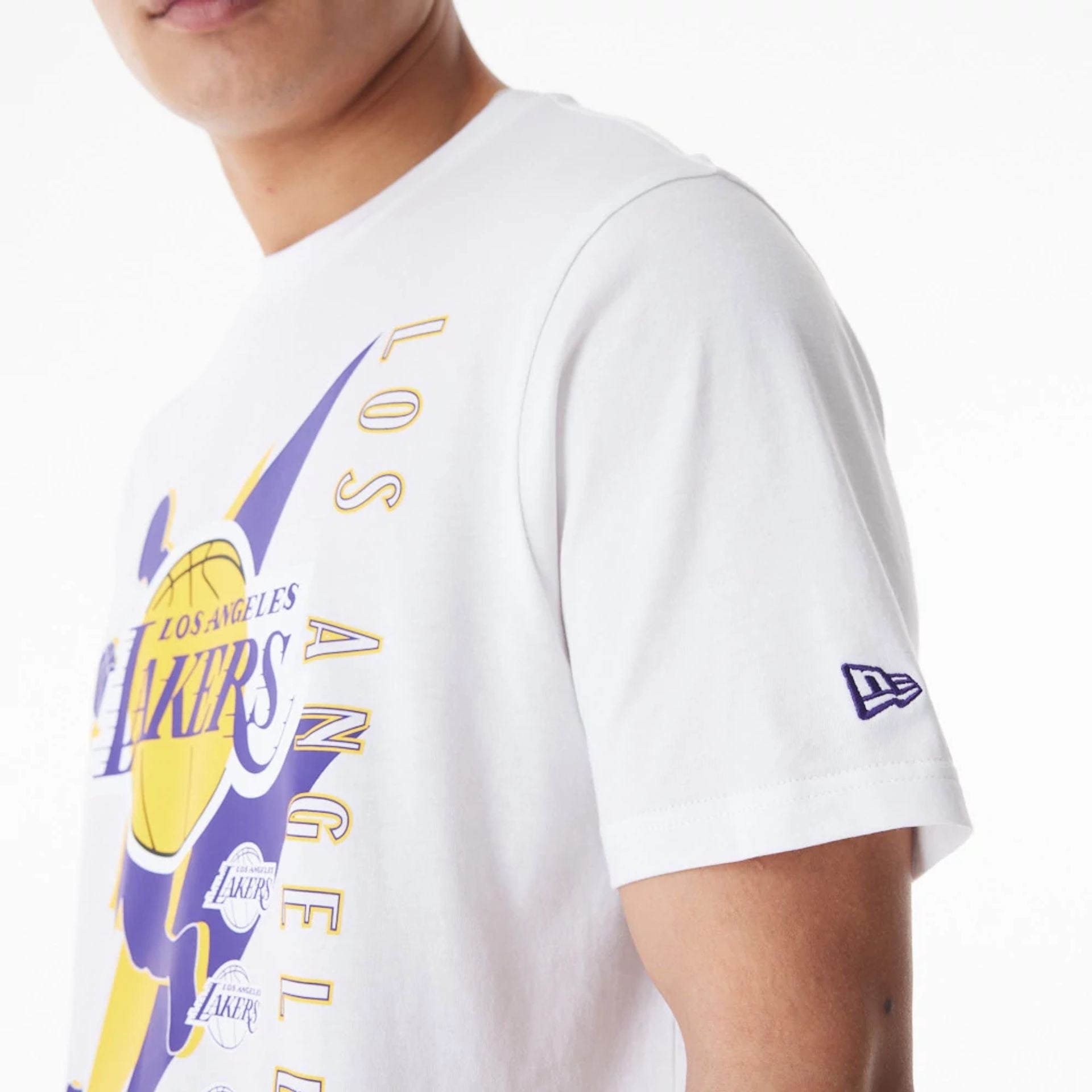 The Male model is wearing LA Lakers NBA Player Graphic White T-Shirt 4