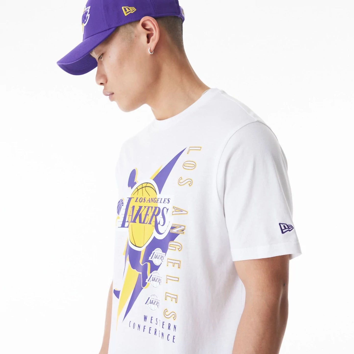 The Male model is wearing LA Lakers NBA Player Graphic White T-Shirt 2