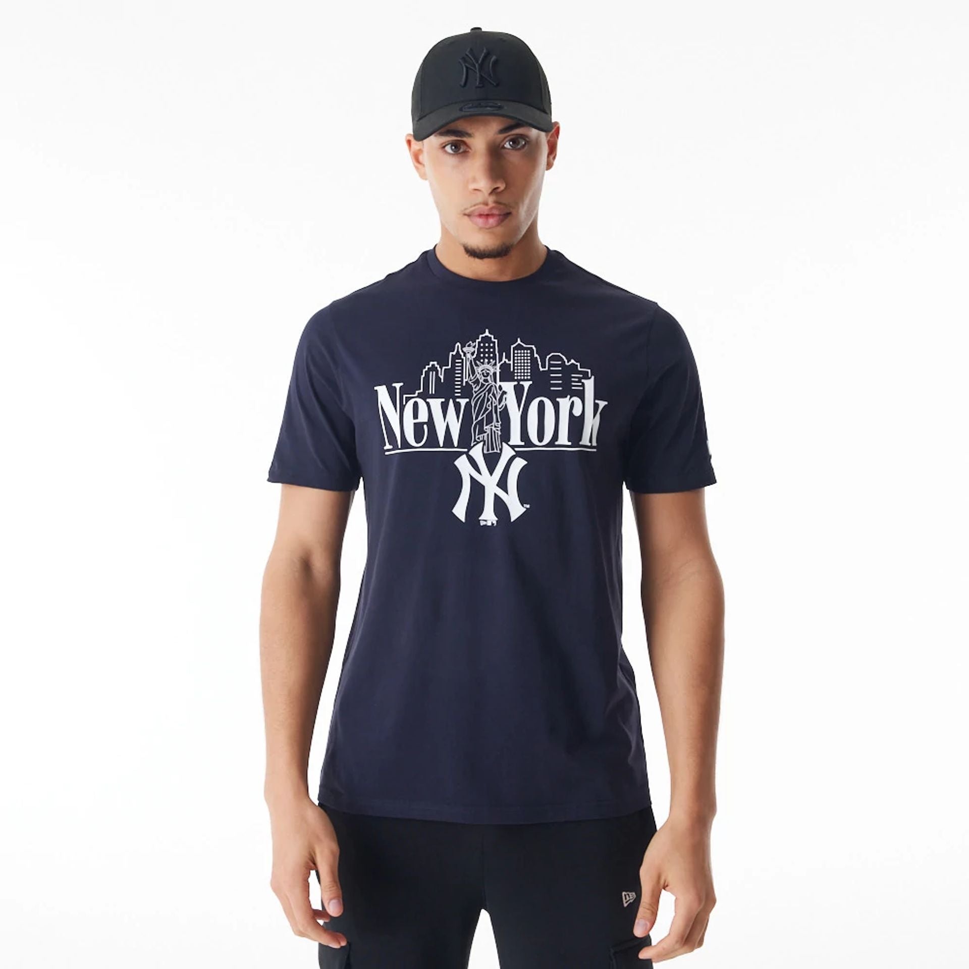 The Male model is wearing New York Yankees MLB Graphic Navy T-Shirt 1