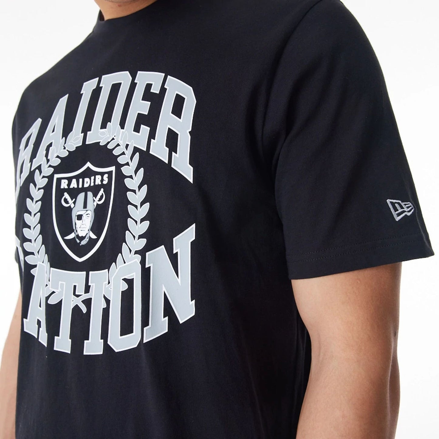 The Male model is wearing Las Vegas Raiders NFL Laurel Graphic Black T-Shirt 5