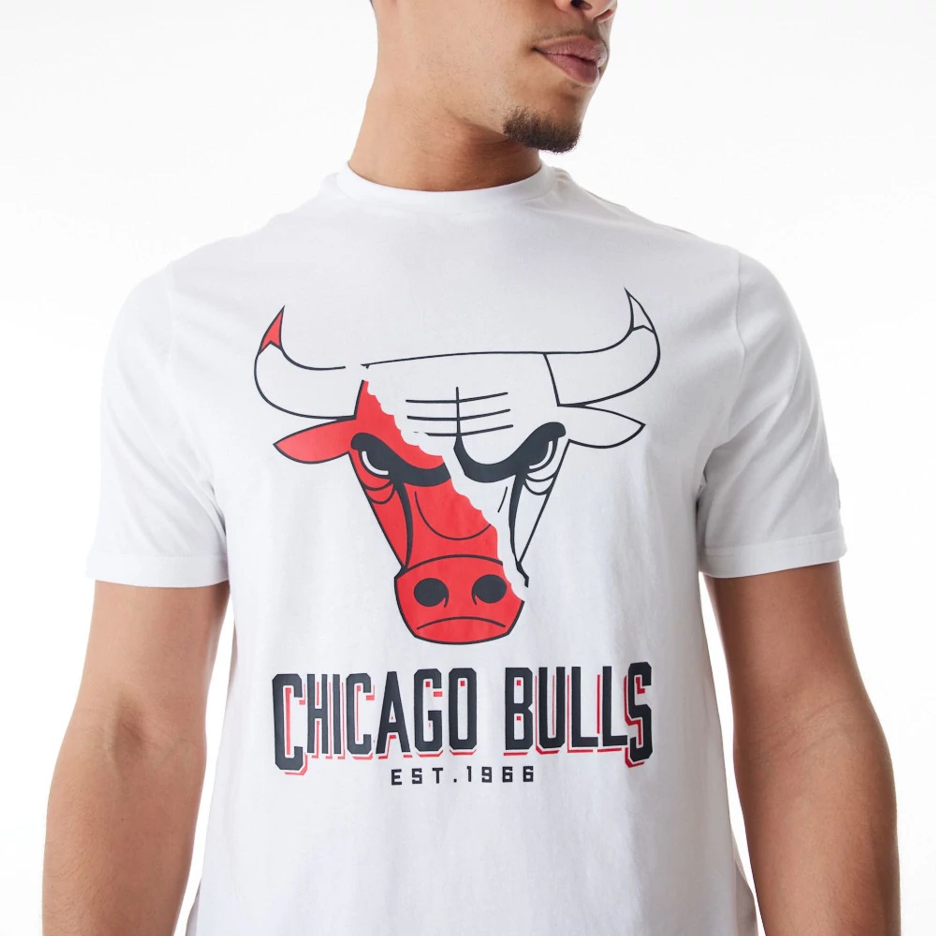 The Male model is wearing Chicago Bulls NBA Logo Graphic White T-Shirt 3