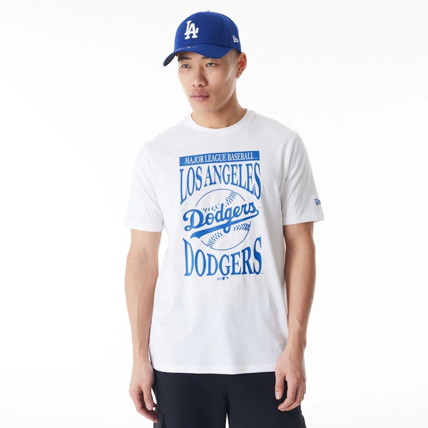 The Male model is wearing LA Dodgers MLB Baseball Stack White T-Shirt 1