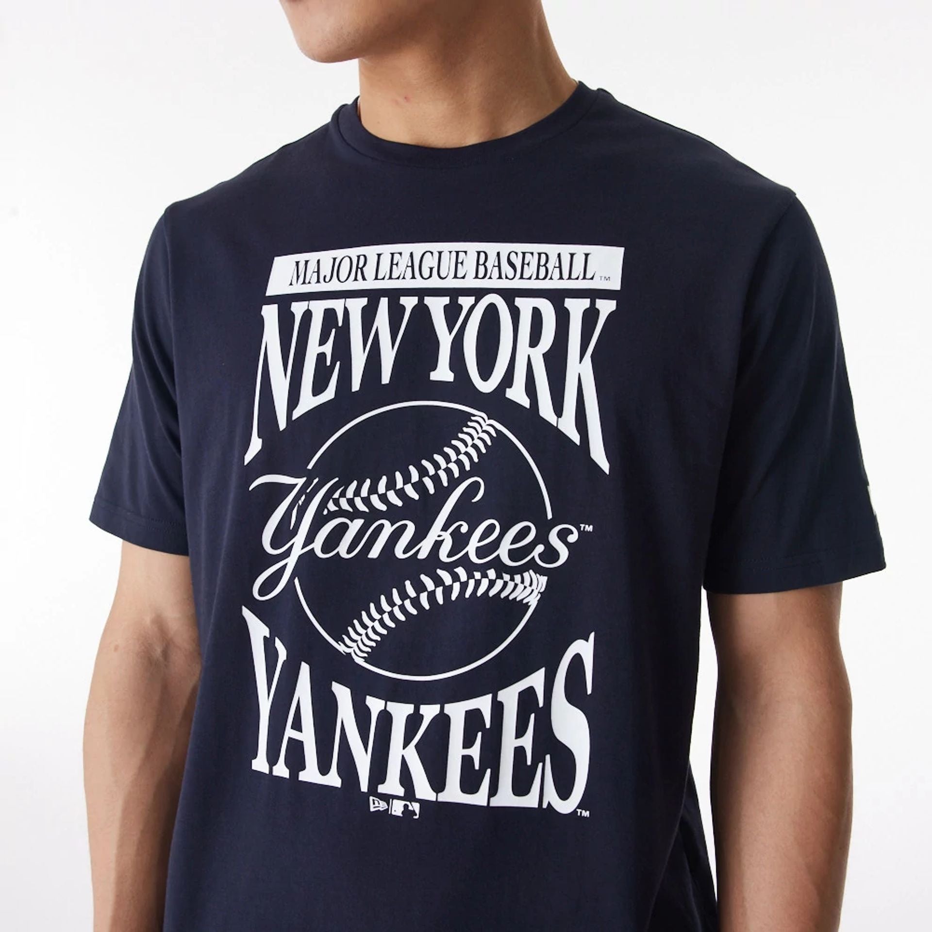 The Male model is wearing New York Yankees MLB Baseball Stack Navy T-Shirt 5