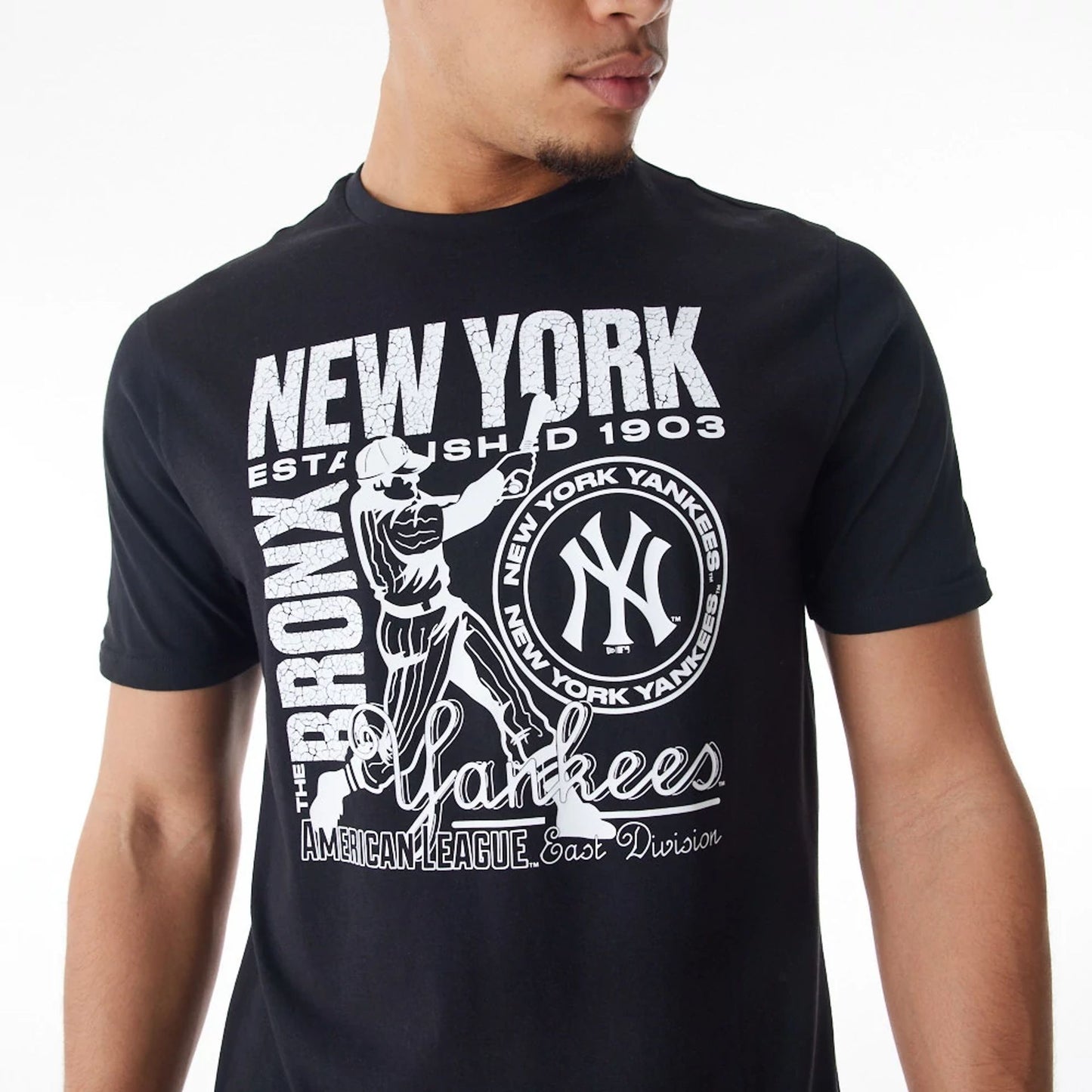 The Male model is wearing New York Yankees MLB Distressed Graphic Black T-Shirt 2