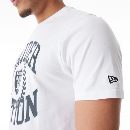 The Male model is wearing Las Vegas Raiders NFL Laurel Graphic White T-Shirt 3