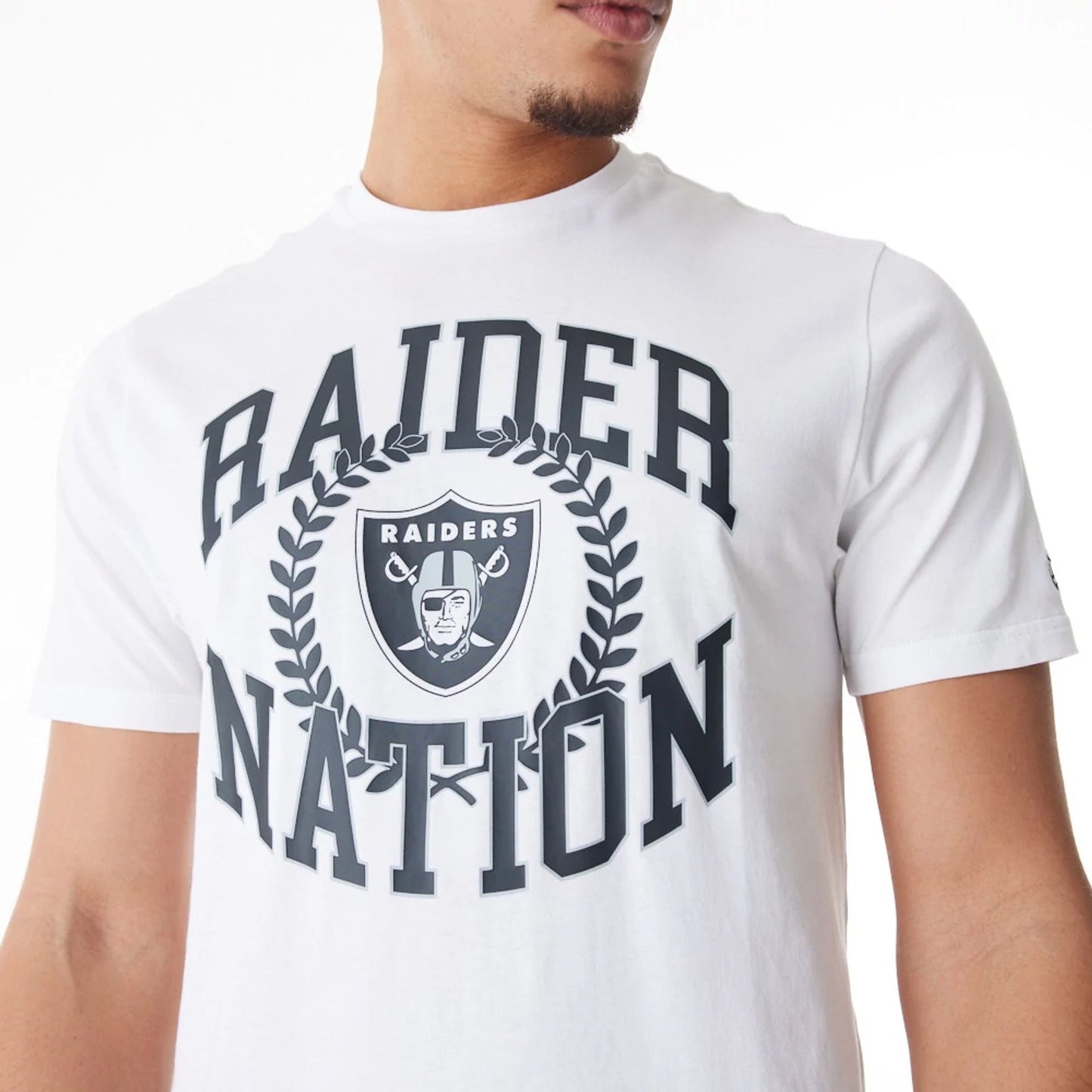 The Male model is wearing Las Vegas Raiders NFL Laurel Graphic White T-Shirt 4