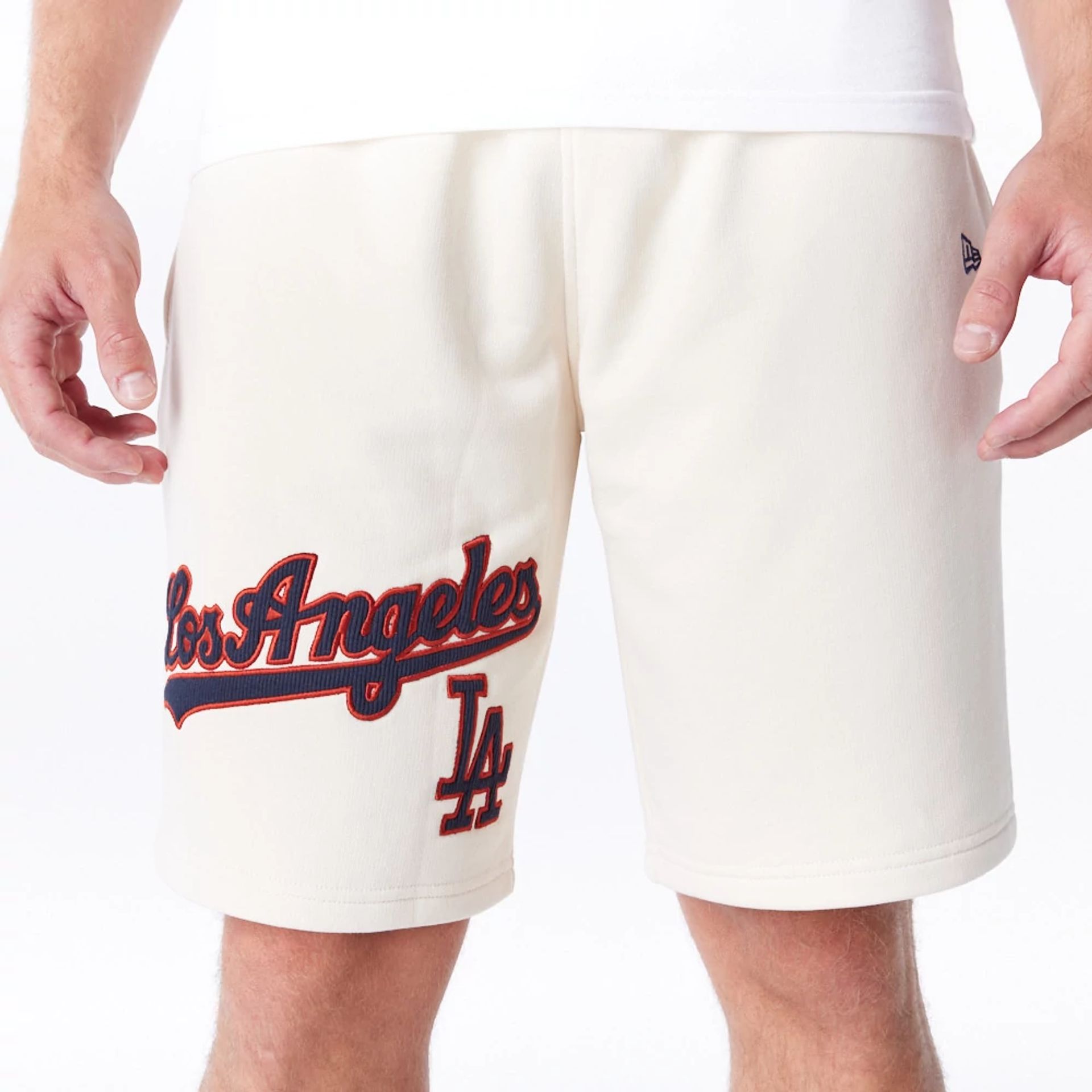 The Male model is wearing LA Dodgers MLB Lifestyle Light Beige Shorts  6