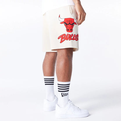 The Male model is wearing Chicago Bulls NBA Bubble Script Light Beige Shorts  8