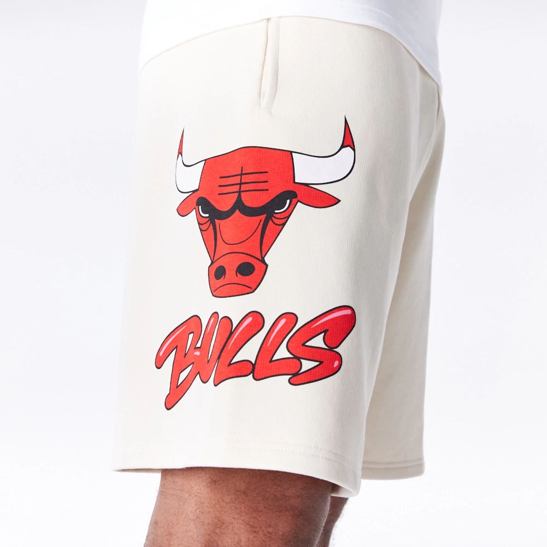 The Male model is wearing Chicago Bulls NBA Bubble Script Light Beige Shorts  7