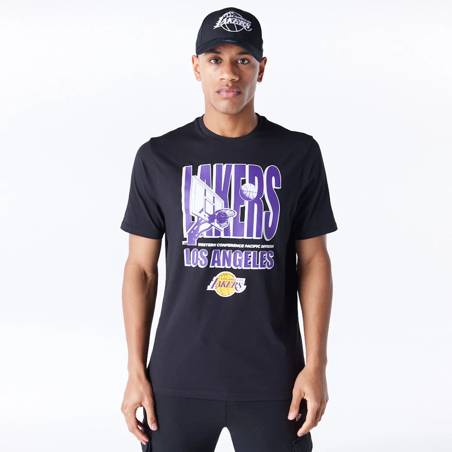 The Male model is wearing LA Lakers NBA Wordmark Graphic Black T-Shirt 1