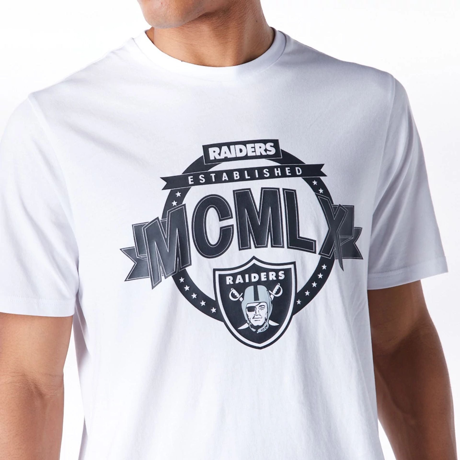 The Male model is wearing Las Vegas Raiders NFL Graphic White T-Shirt 2