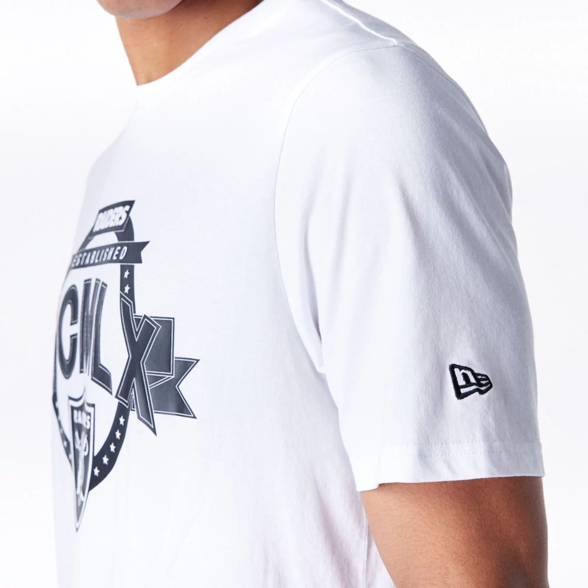 The Male model is wearing Las Vegas Raiders NFL Graphic White T-Shirt 3