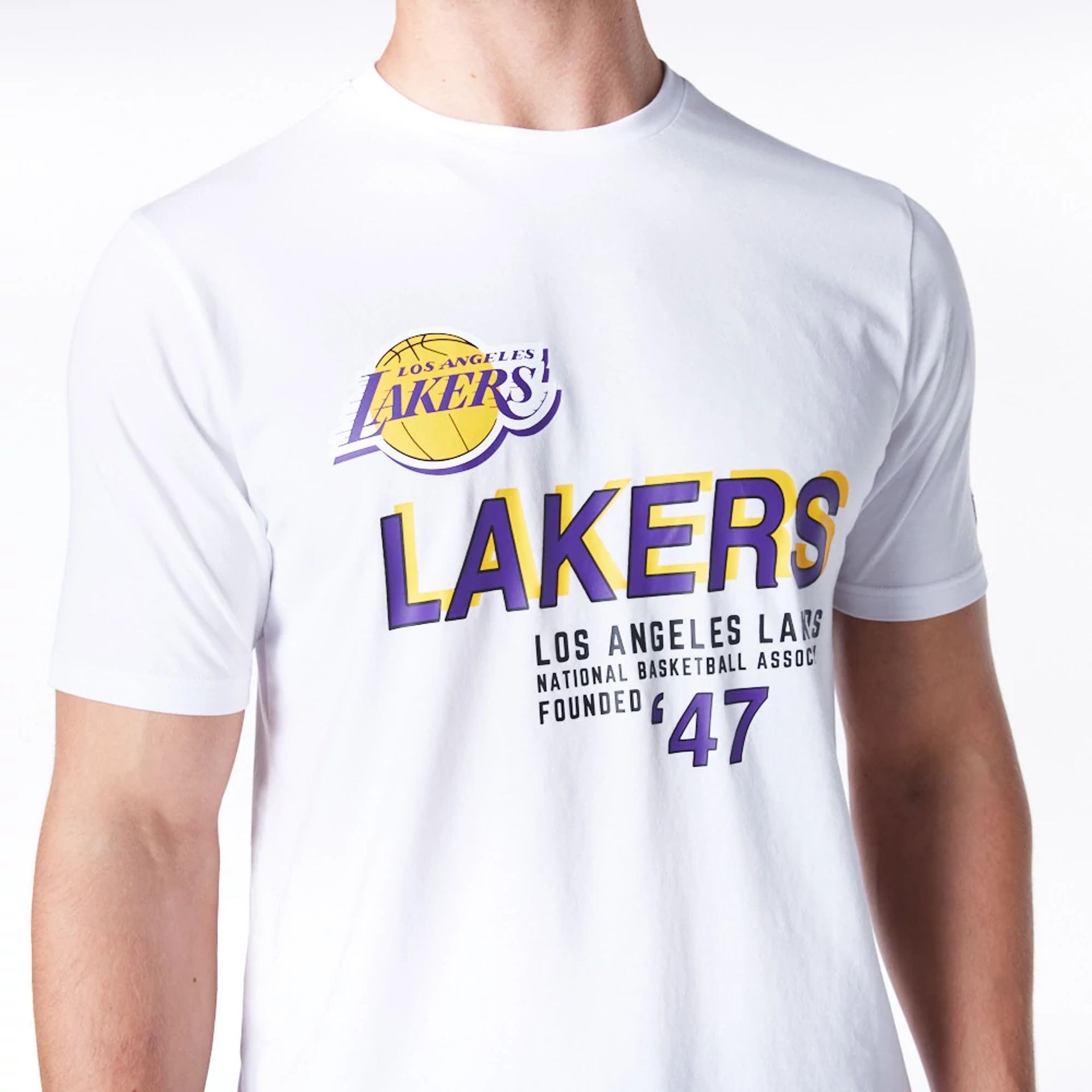 The Male model is wearing LA Lakers NBA Graphic White T-Shirt 7