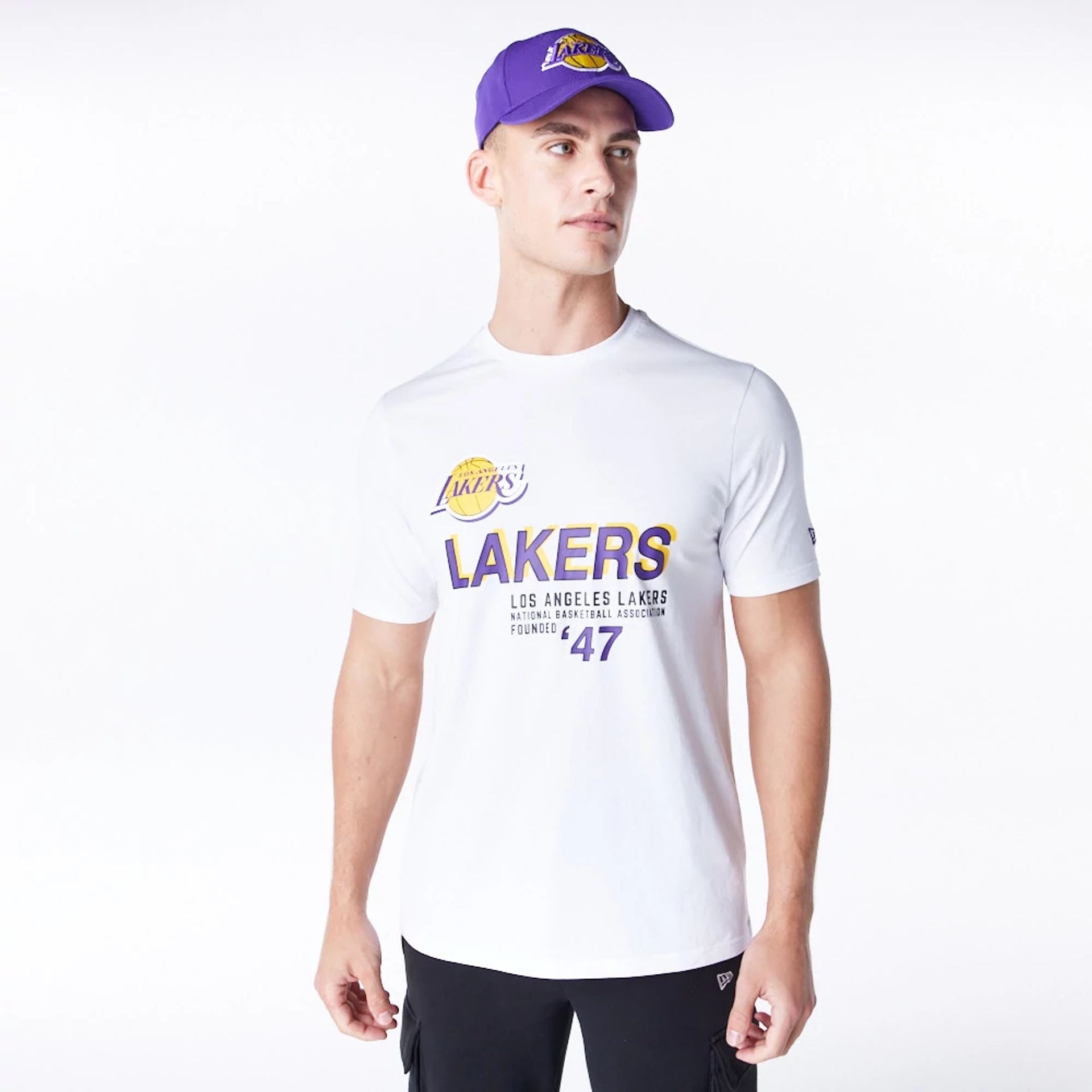 The Male model is wearing LA Lakers NBA Graphic White T-Shirt 1