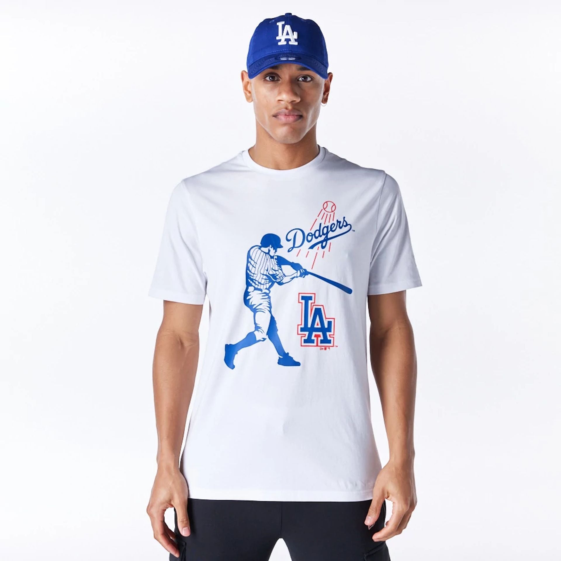 The Male model is wearing LA Dodgers MLB Baseball Graphic White T-Shirt 1